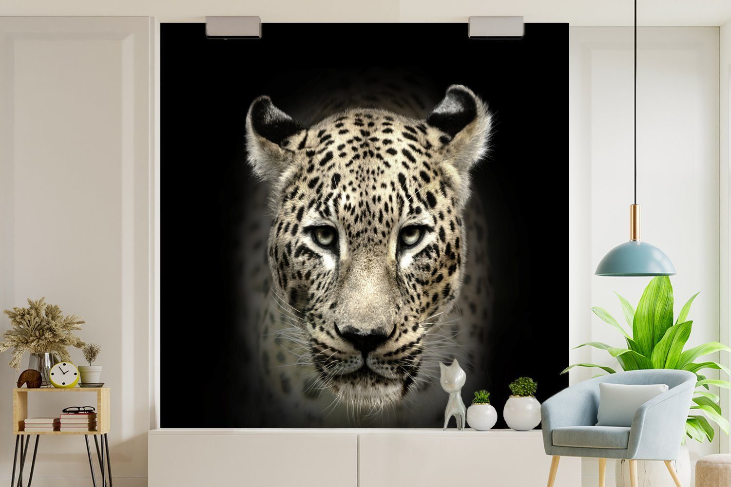 MuchoWow Fototapete Leopard Vinyl St), Tiere, Schlafzimmer, - bedruckt, oder Tapete - für (5 Wandtapete Schwarz Wohnzimmer Matt