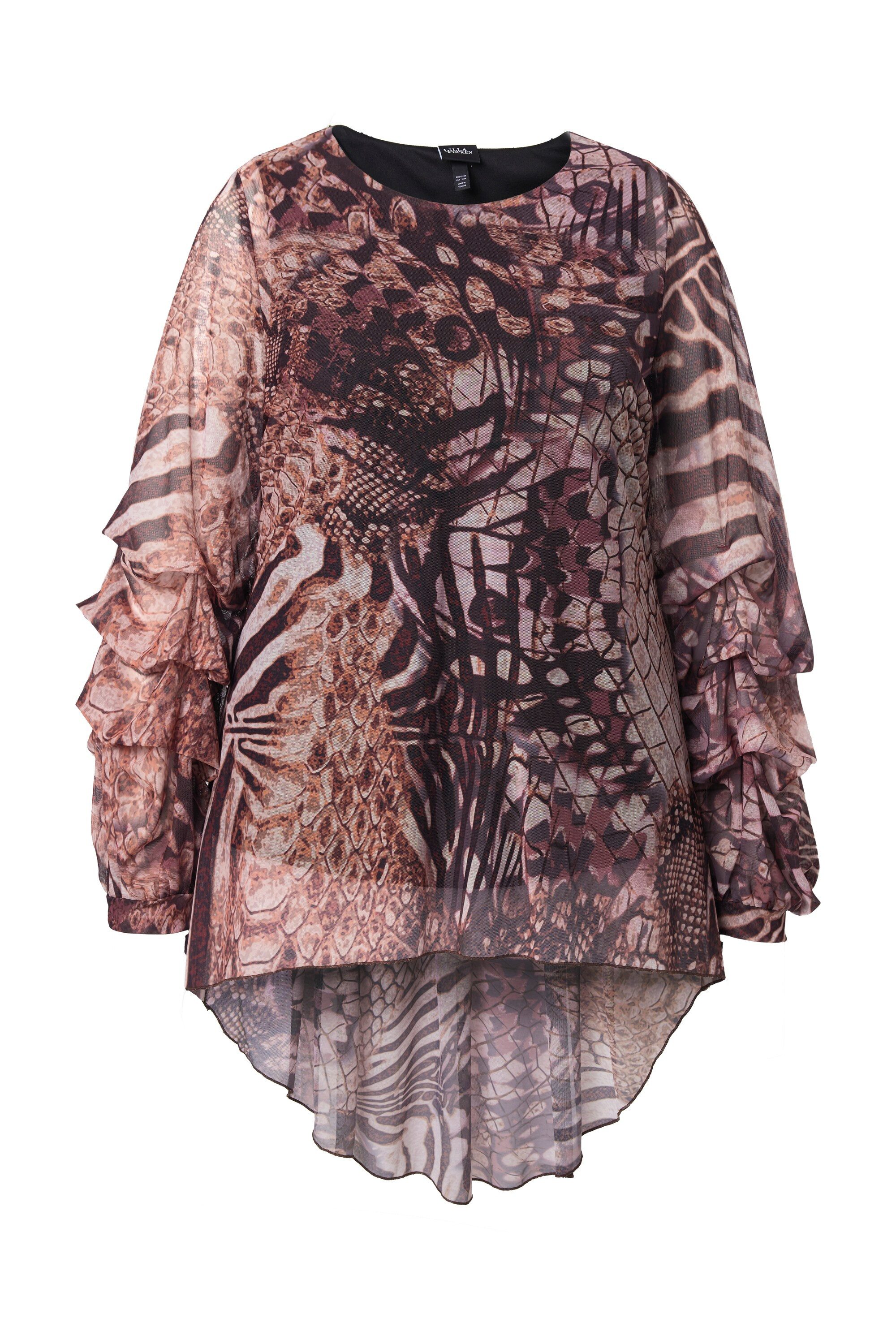 Longsleeve Mesh-Shirt Animaldruck Rundhals drapierter Langarm