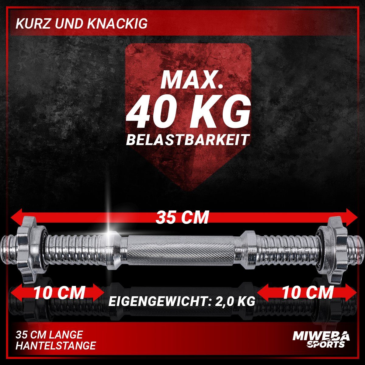 Miweba Sports Kurzhantelstange Kurzhantel Stange KH100 inkl. Sternverschluss, Metall, 35,00 cm (2er-Set, Kurzhantel-Set, Workout, Training, Krafttraining, Muskelaufbau, 2-tlg., Ø30mm, 35.0 x 6.7 x 6.7 cm, 40 kg max. Belastung, Stahl, 2 kg Eigengewicht), Fitnesshantel Hantelstange Kurzhantelstange Kurzhanteln