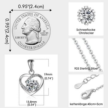 JUNG Silberkette Ewige Echte Rose mit Herz Halskette & Ohrringe aus 925 Sterlingsilber (Geschenk für Frauen, Damen, Schmuck, Konservierte Blume, Rosenbox, Ewige Rose im Glas, Ewige Rose mit Herz Kette und Ohrringe Box), Valentinstag Geschenk Frau, Valentintstagsgeschenk Frauen Blumen Rose