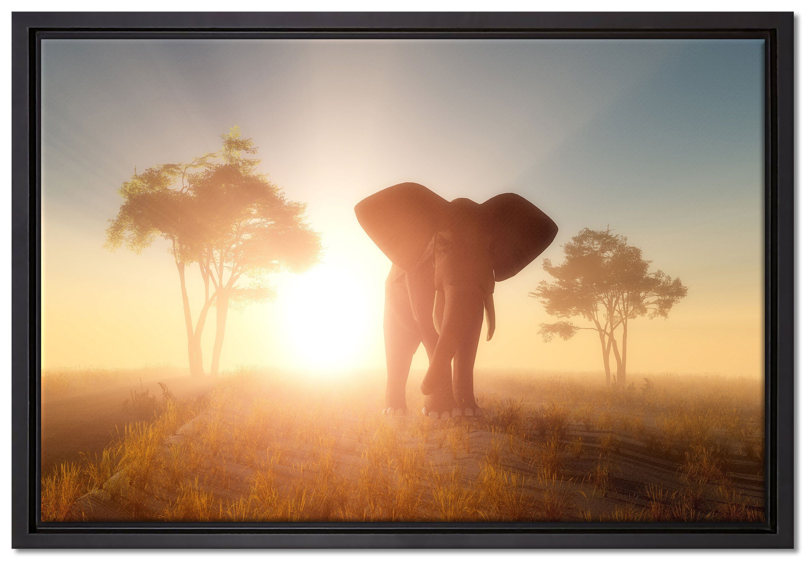 Wüste, in Leinwandbild Schattenfugen-Bilderrahmen Wanddekoration in bespannt, der fertig gefasst, Zackenaufhänger inkl. Pixxprint (1 St), einem Leinwandbild Elefant