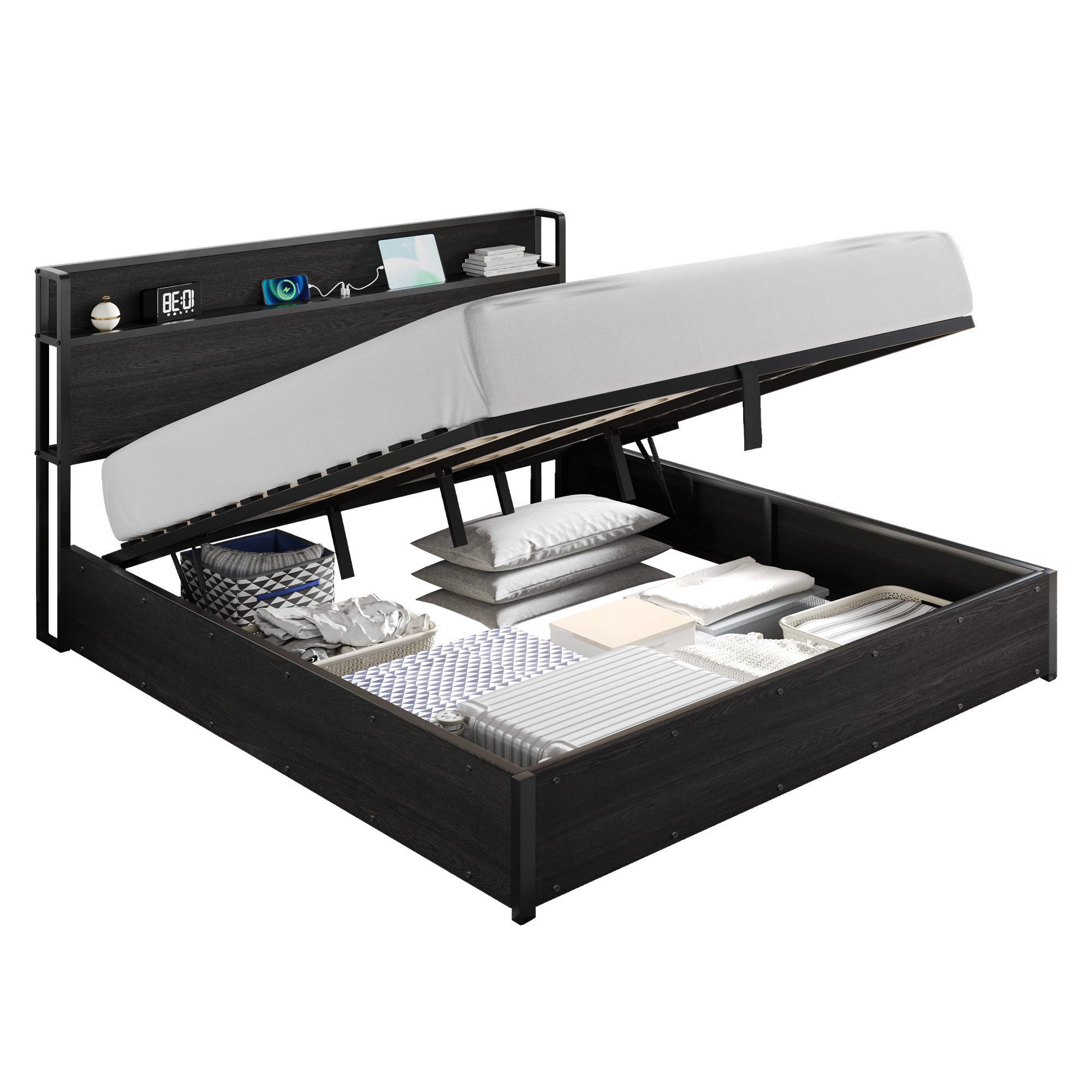 AMERLIFE Bett Doppelbett, Jugendbett mit hydraulischem Stauraum, USB & Steckdosen (1-tlg., Ohne Matratze), Industrie-Design, 140 x 200 cm