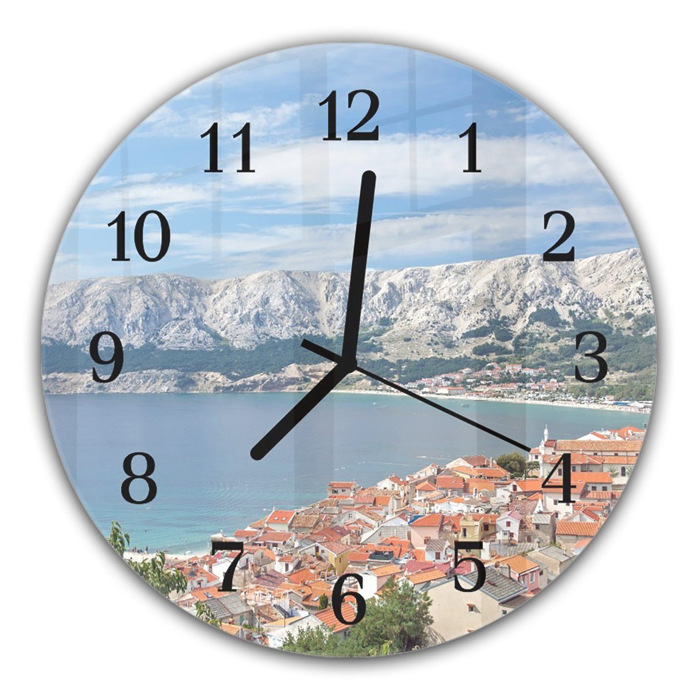 und am Motiv Quarzuhrwerk - aus cm Primedeco Meer Berge Rund mit Wanduhr Wanduhr und mit 30 Durchmesser Glas Stadt