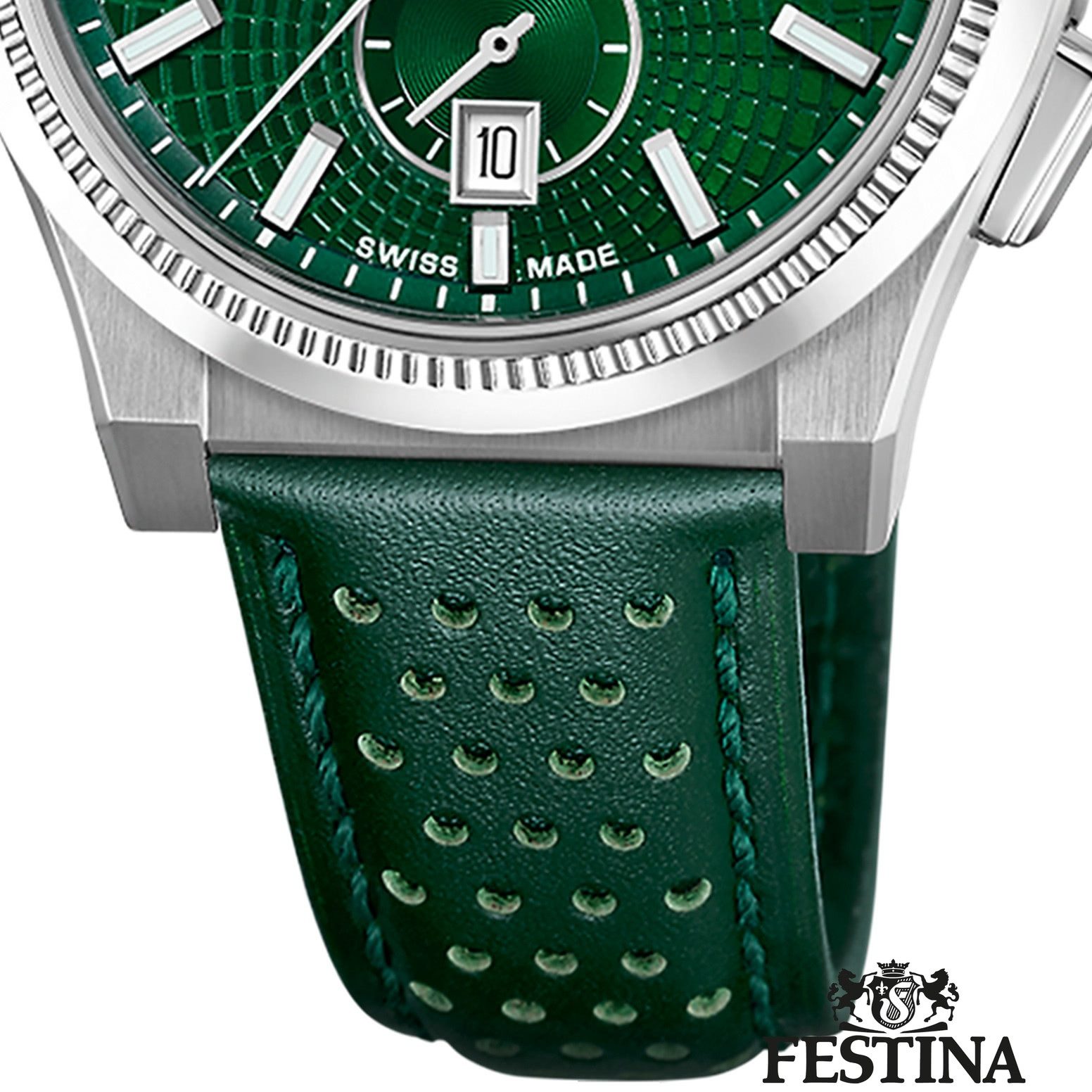 Festina Chronograph Festina Herrenuhr Swiss Made Armbanduhr, (Chronograph), Herren Armbanduhr rund, Lederarmband grün, Elegant