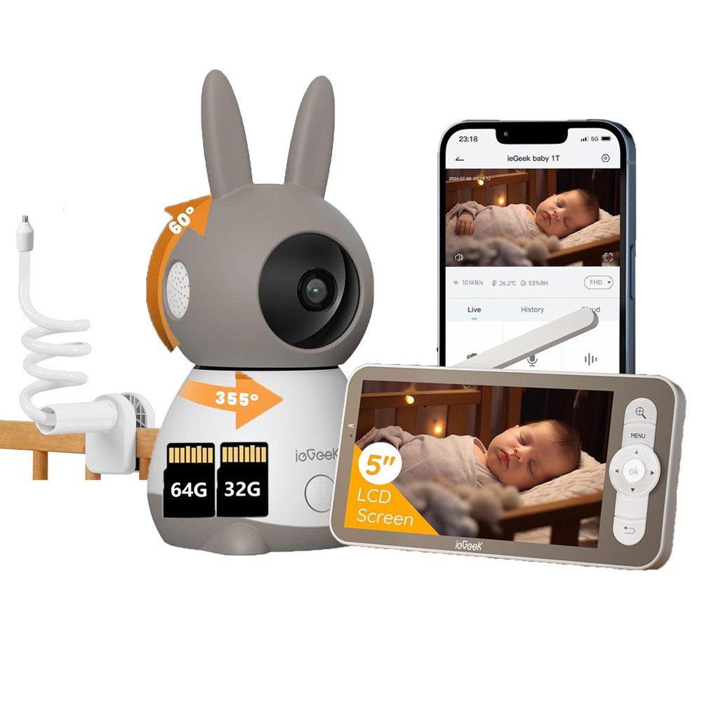 ieGeek Babyphone 5 Zoll WLAN Video babyfone PTZ 355° Babyphone mit Kamera 2K/3MP, IR-Nachtsicht, Automatische Verfolgung,Temperaturanzeige, 1-tlg., Weinen/Bewegungs/Geräuscherkennung,unterstützt Mobile App Steuerung, Präzisere Warnungen,Schlafmodus&Schreierkenn,Gefahrenbereichserkennung