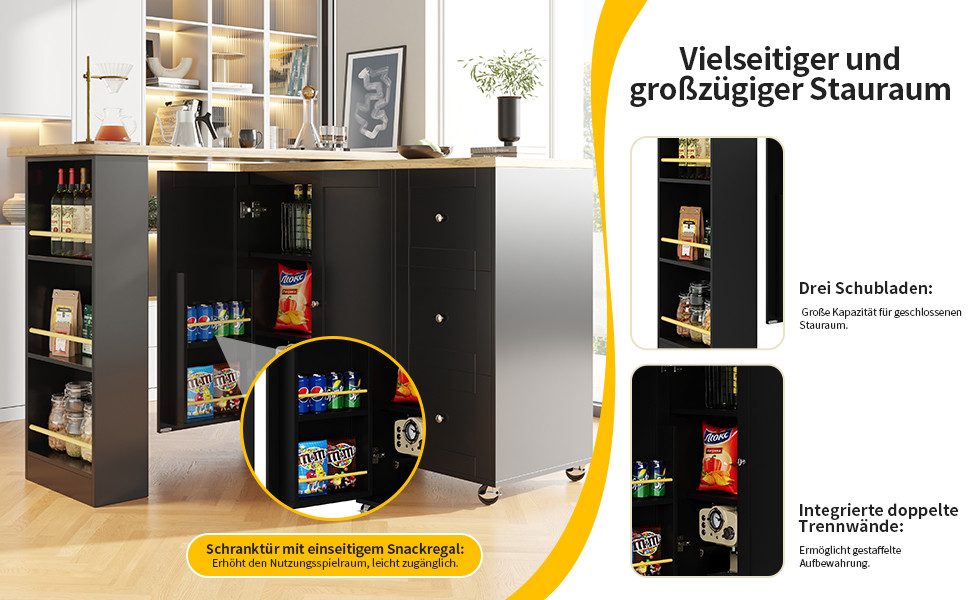 Tongtong Bartisch 360° drehbarer Esstisch (138–209 x 39 x 106 cm),weiß/schwarz, ausgestattet mit drei Schubladen und einem Snackregal
