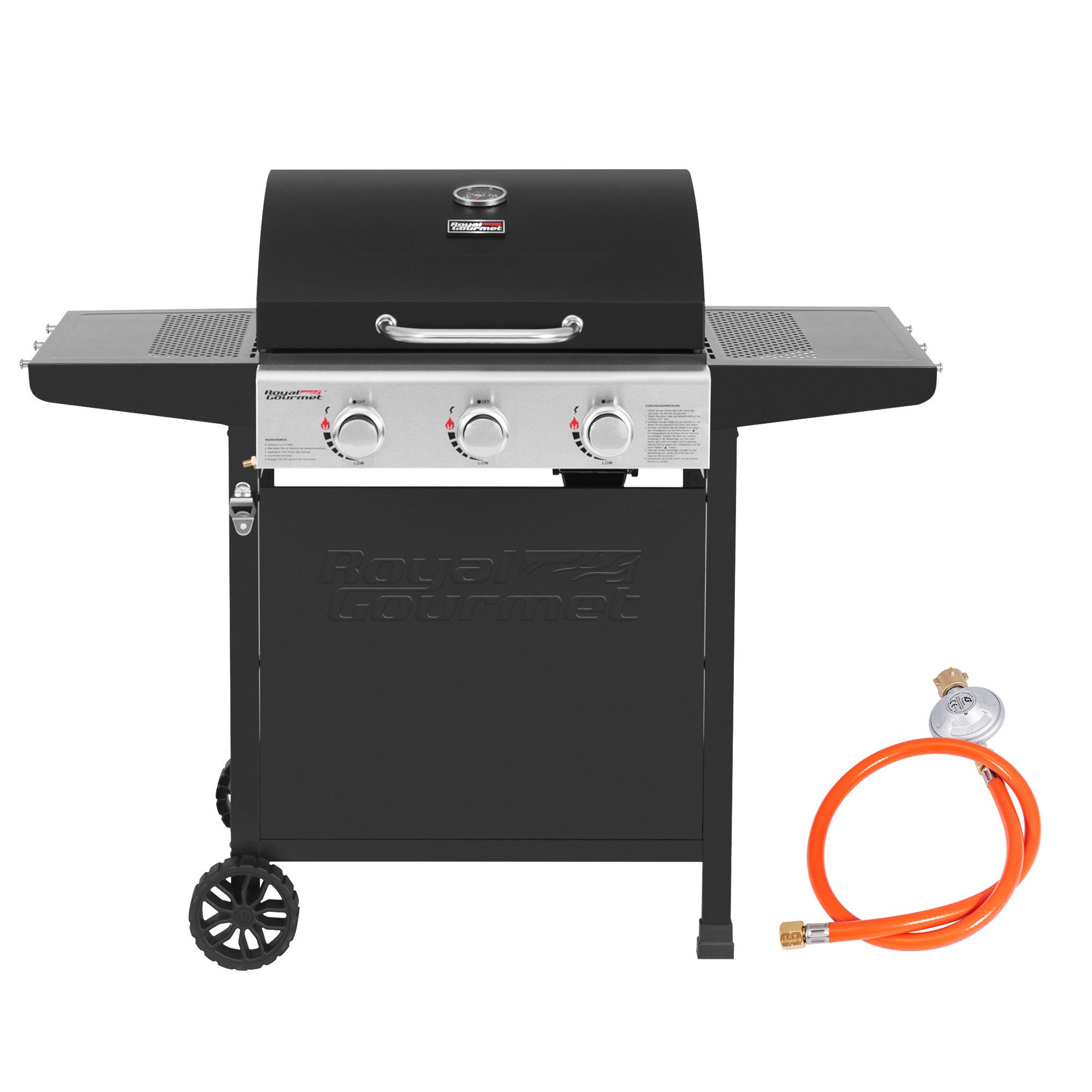 Royal Gourmet Gasgrill Grillwagen 3 Brenner 9 kW Camping Gaskocher mit Kochplatte, Gartengrill mit Flaschenöffner, 121,6x57,8x105cm