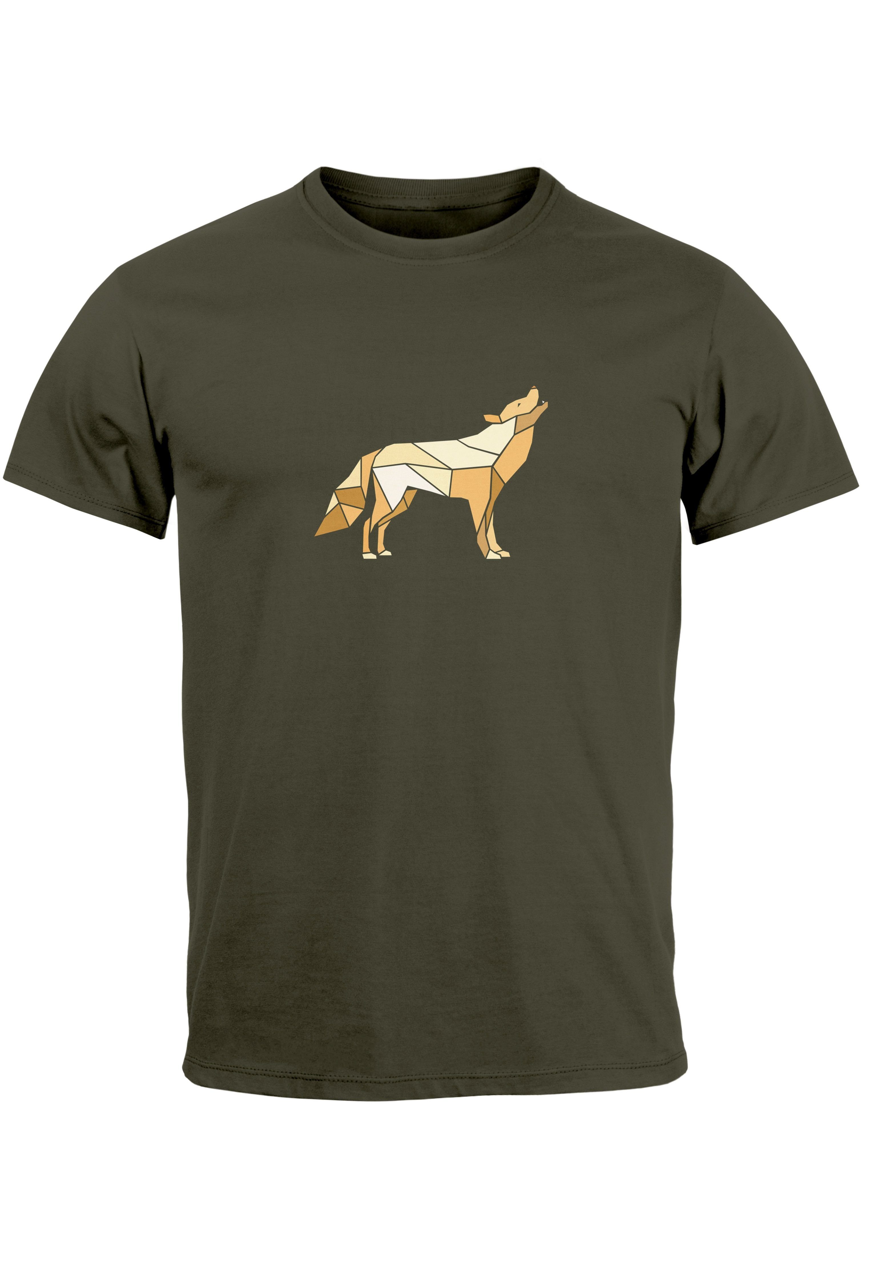 Neverless Print-Shirt Herren T-Shirt Bedruckt Polygon Grafik Wolf Outdoor Fashion Tiermotiv mit Print army