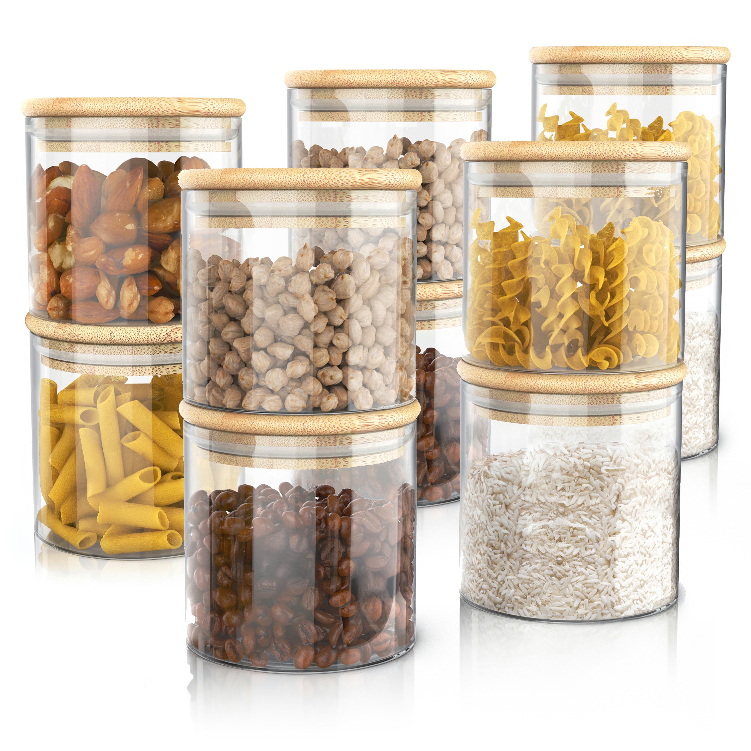 Arendo Aufbewahrungsbecher Glasbehälter-Set 10x 0,75L Borosilikatglas mit Bambusdeckel, luftdicht, Borosilikatglas, Bambus, Silikon, (Vorratsbehälter-Set, 10-tlg., 10er Set), Vorratsdosen, Vorratsgläser, Hitzebeständig, mikrowellengeeignet