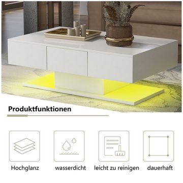 Sweiko Couchtisch, Hochglanz-Beistelltisch mit 2 Schubladen und LED-Beleuchtung