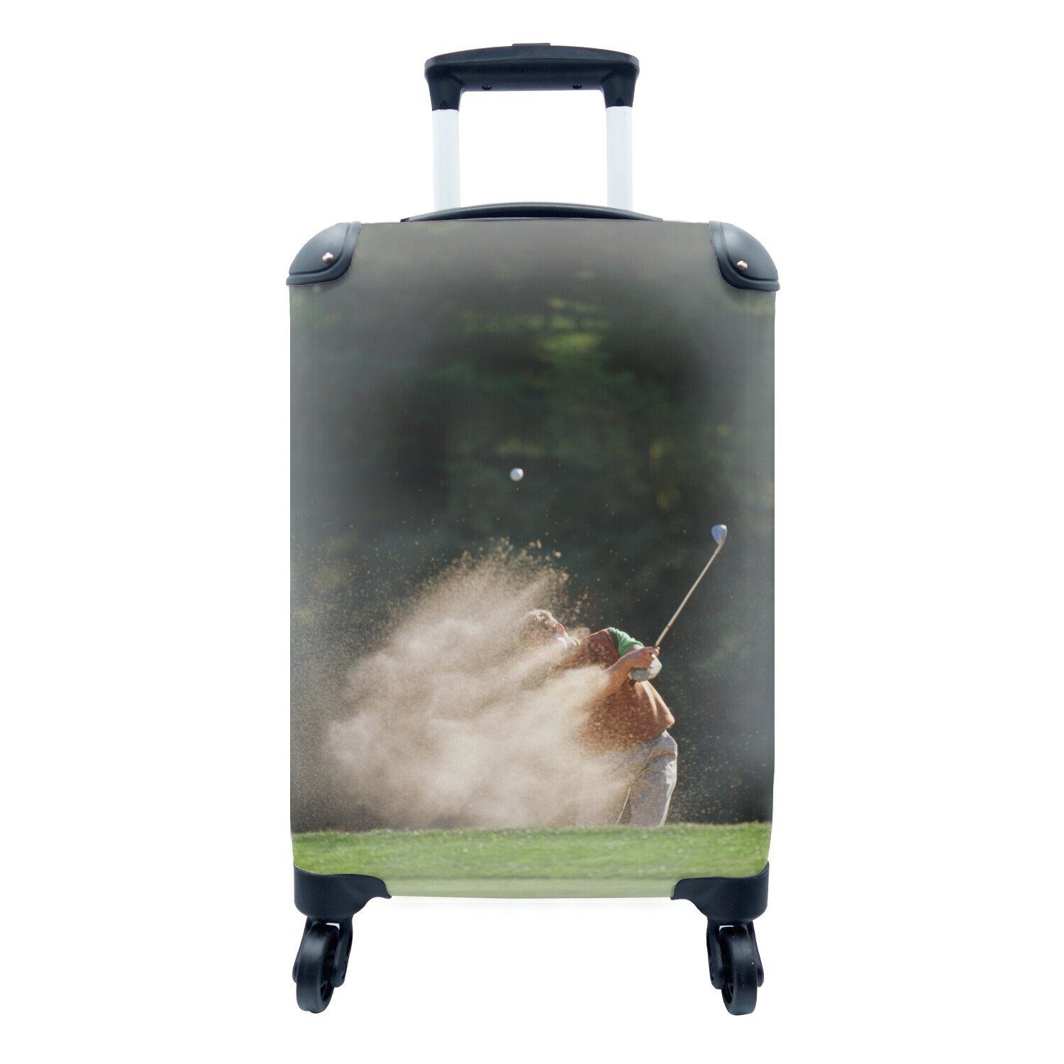 MuchoWow Handgepäckkoffer Ein männlicher Golfer schlägt den Golfball aus dem Bunker auf das Grün, 4 Rollen, Reisetasche mit rollen, Handgepäck für Ferien, Trolley, Reisekoffer