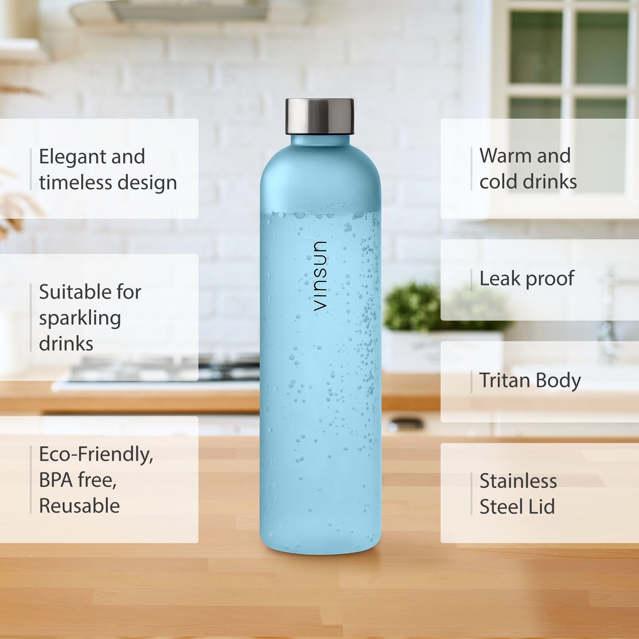 Vinsun Trinkflasche Trinkflasche 650ml, Kohlensäure und auslaufsicher, BPA Geschmacksneutral, Tritan, Geruchs- geeignet, frei, bruchsicher, auslaufsicher Blau