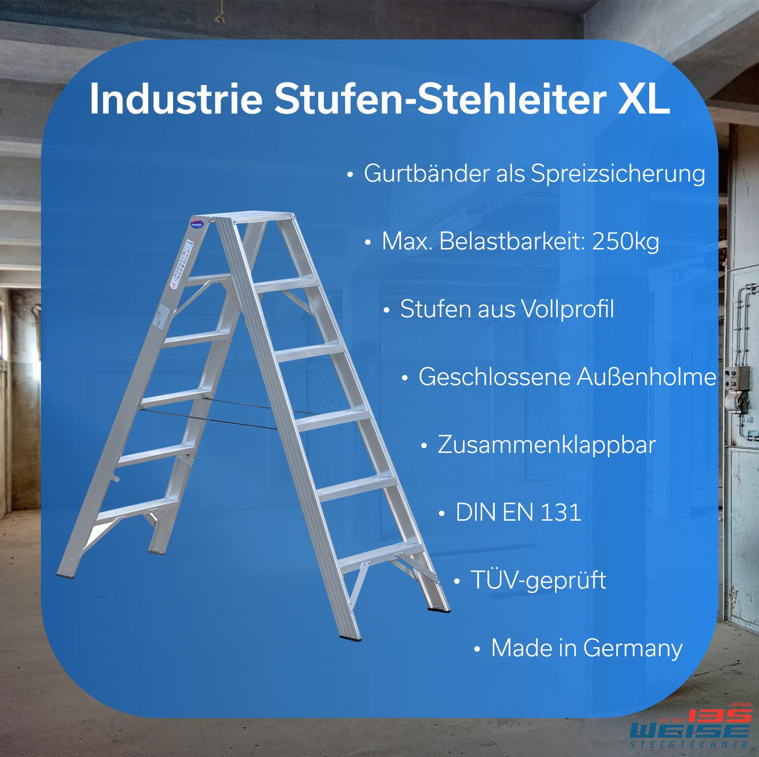 Weise Steigtechnik Stehleiter MAXXIMUSS Industrie Stufen-Stehleiter XL (4 Stufen, 1-St., 250 kg Belastbarkeit), extra breite trittsichere Stufen, klappbare Trittleiter mit Bändern