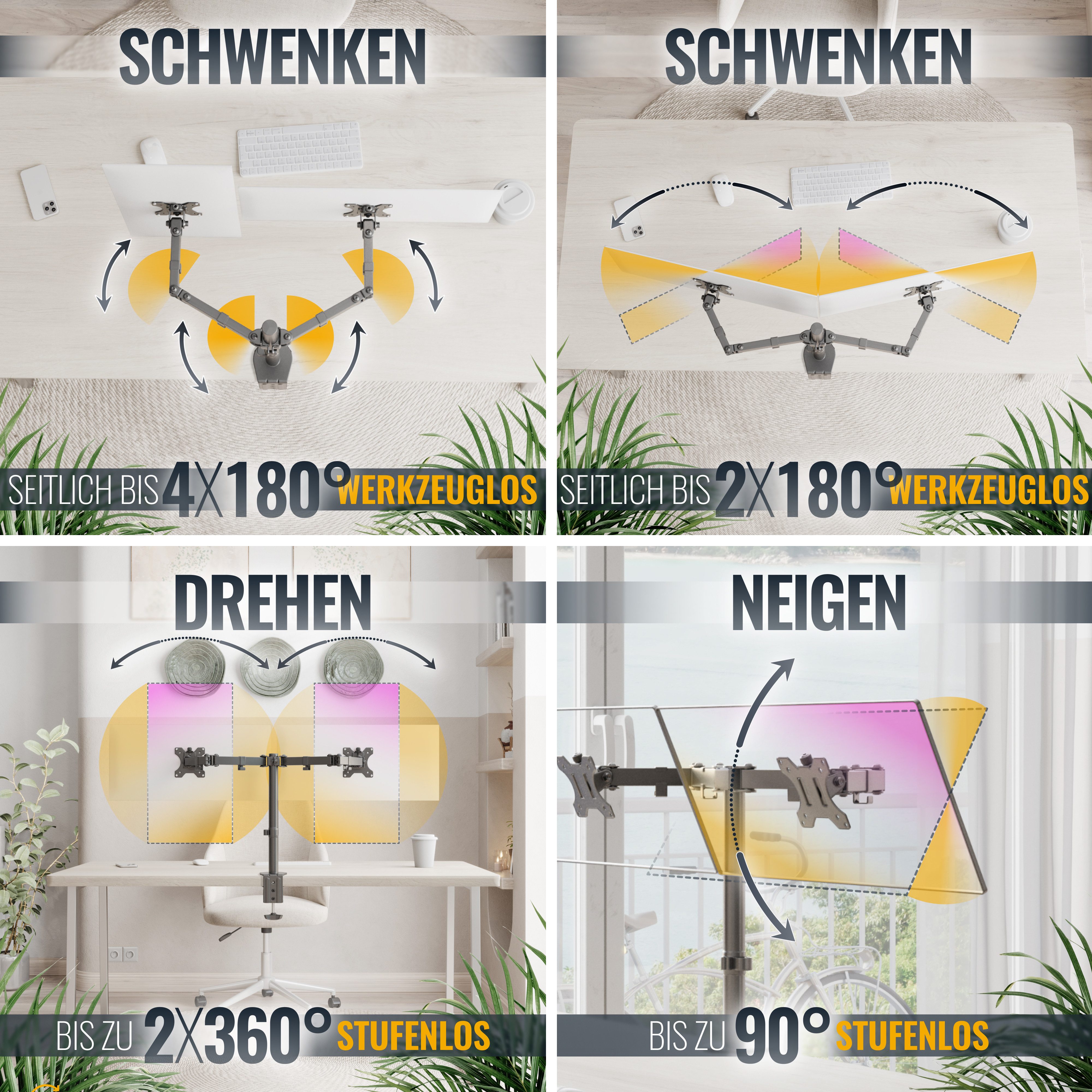 RICOO Monitor-Halterung Höhenverstellbare Monitor Tischhalterung neigbar schwenkbar TS6711, (bis 27 Zoll, VESA 75x75 und 100x100, 1-tlg., 2 x 8 kg Belastbarkeit, von 33-68 cm (13"-27) Bildschirm-Diagonale, Tischhalterung 2 Monitore schwenk- und neigbar, höhenverstellbar)