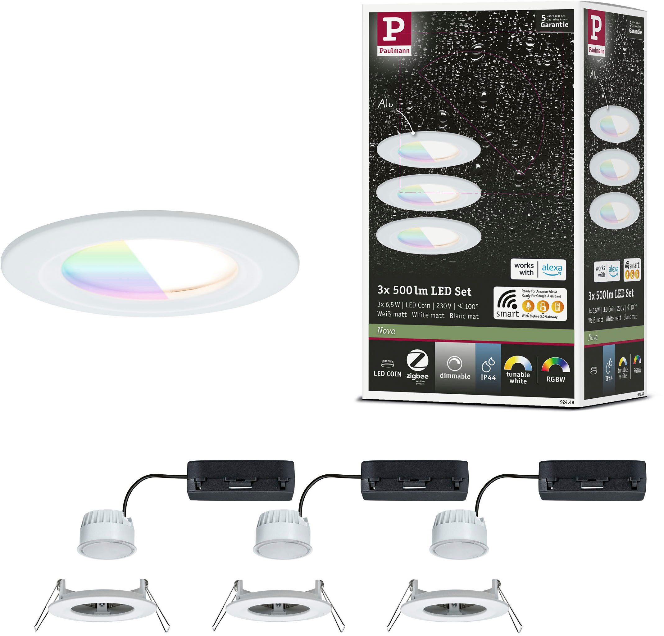 Paulmann LED Einbauleuchte LED Einbauleuchte Nova Coin IP44 rund 78mm, LED fest integriert, Tageslichtweiß, Memoryfunktion, Farbwechsler, Farbsteuerung, Dimmer, Smart Home
