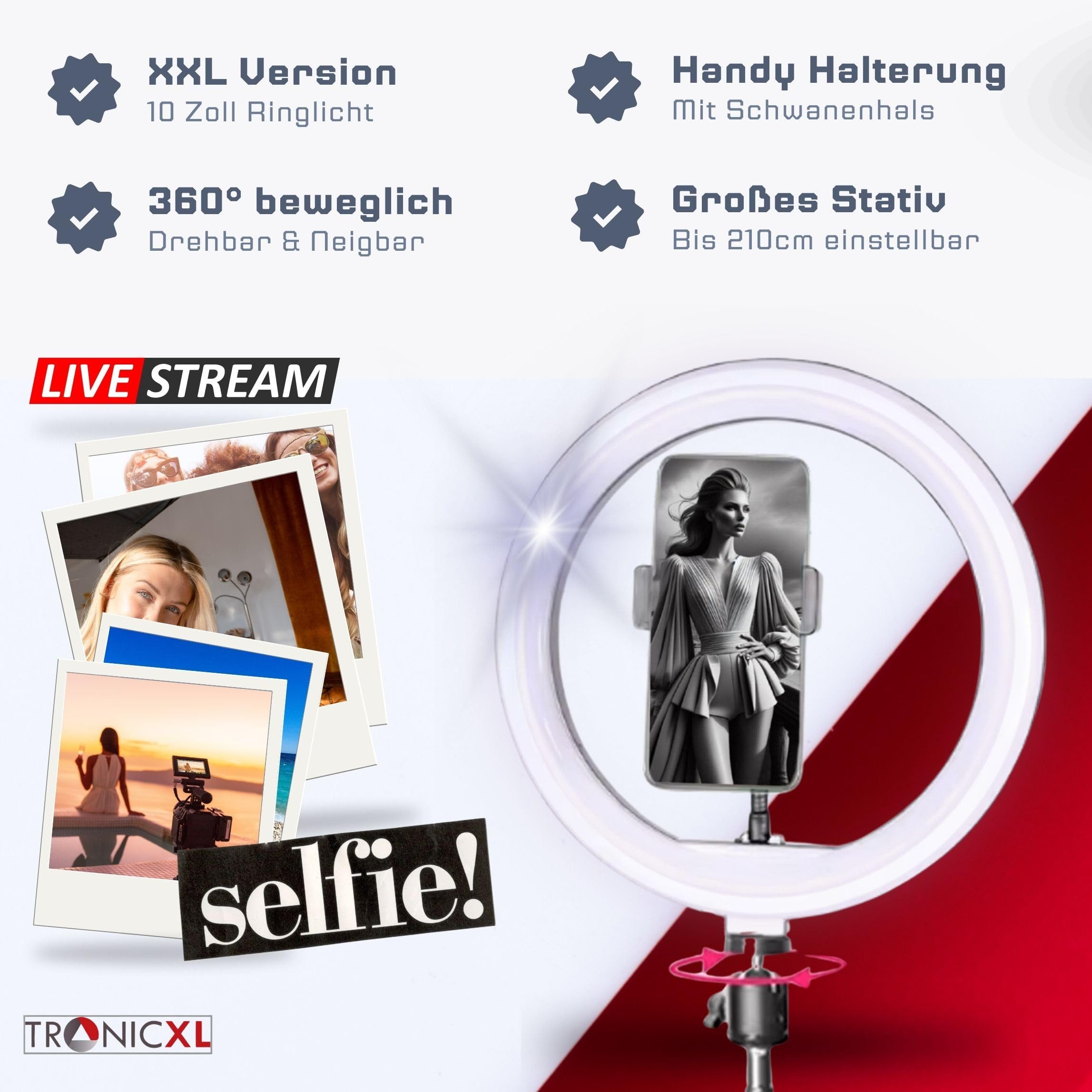 TronicXL Ringlicht Ringlicht mit 2m Stativ groß Ring Light Handy Smartphone Halterung, höhenverstellbar