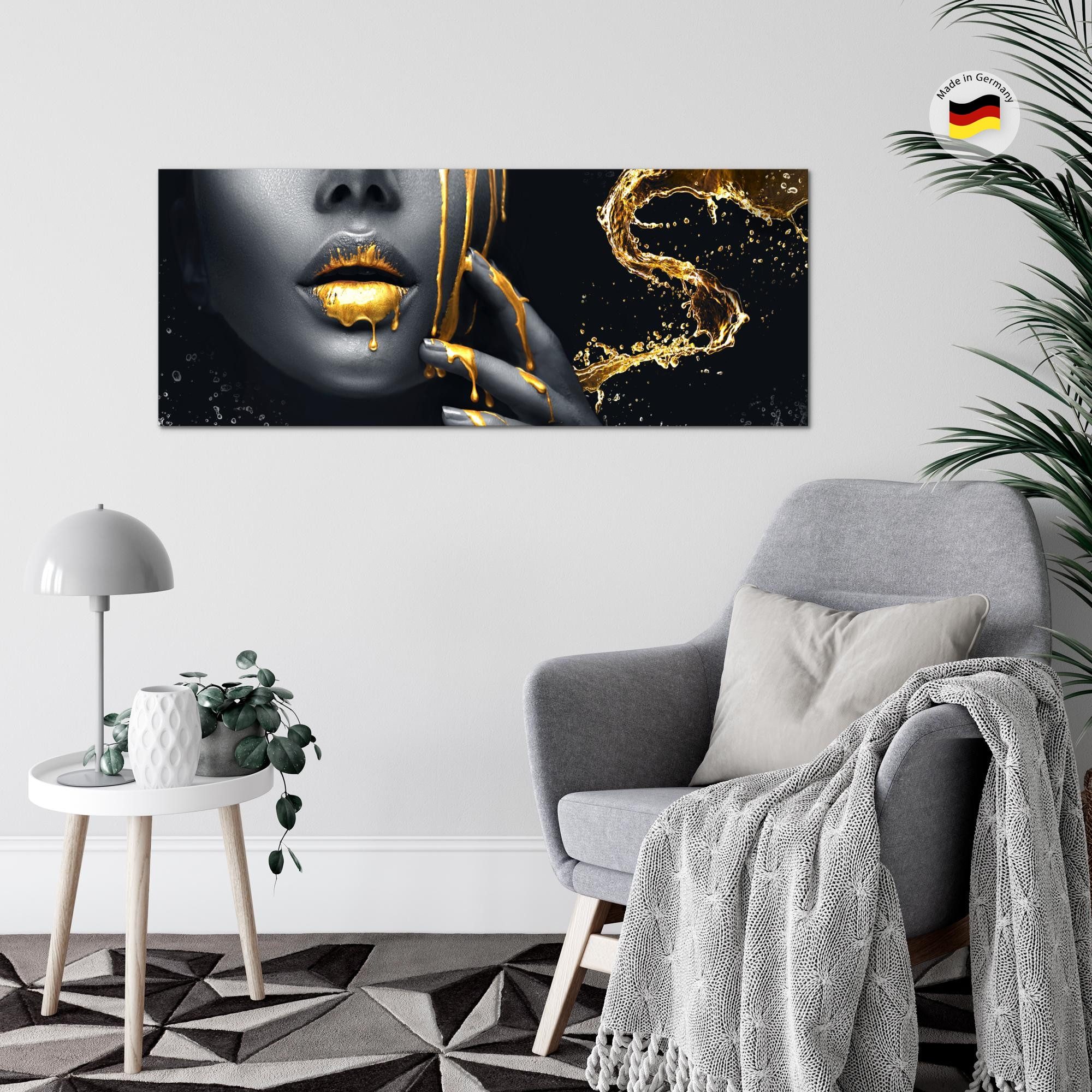 Runa Art Wandbild Schwarz Gold Wohnzimmer Deko Bild Frau Fashion, Lippen – Bild 5 von 5