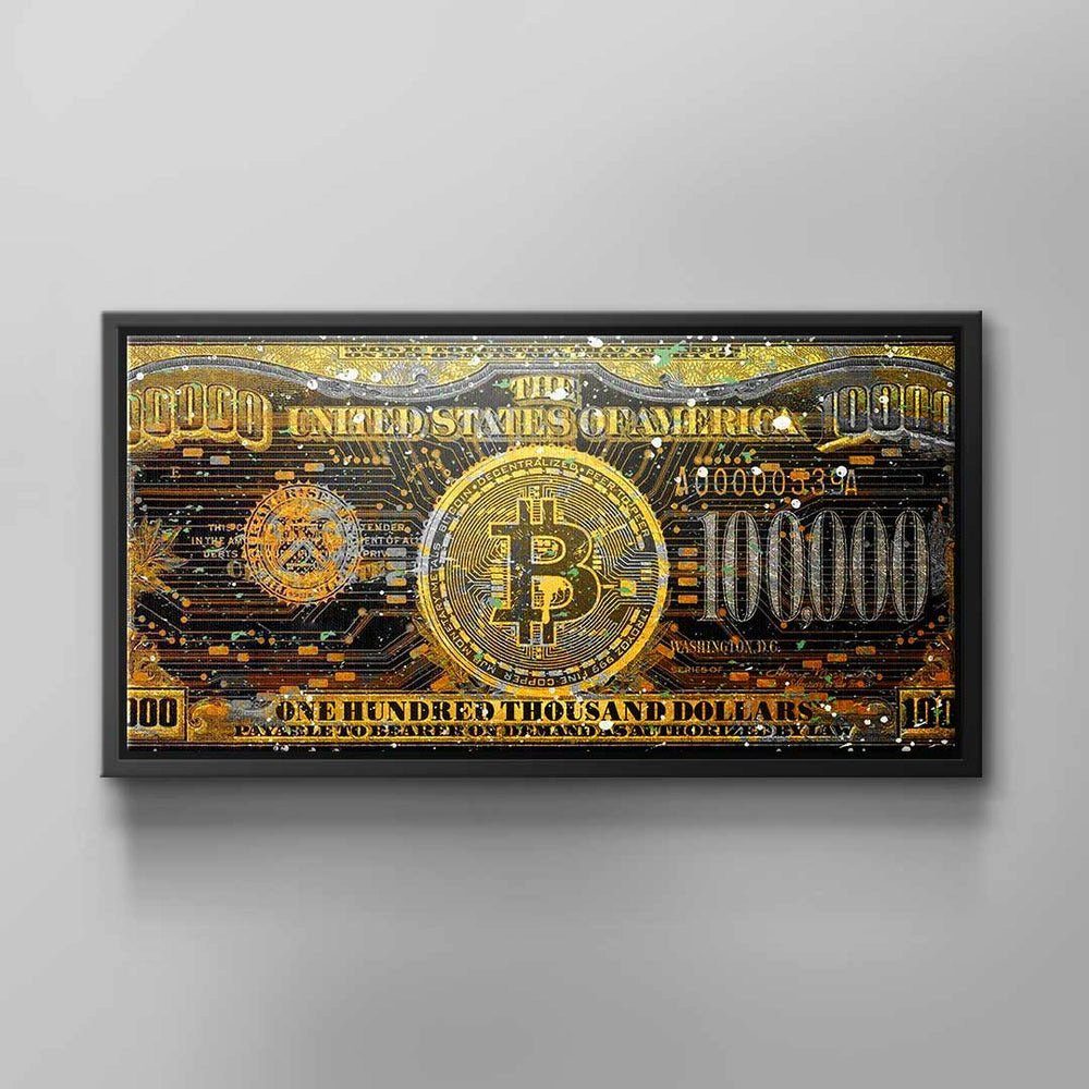 DOTCOMCANVAS® Leinwandbild Bitcoins Vision, Wandbild Motivation Bitcoin Geld hundert tausend dollar gold schwarz weißer Rahmen