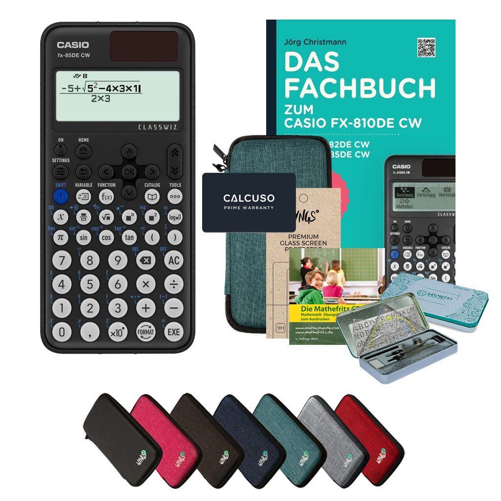 CASIO Taschenrechner fx-85DE CW - Premium Set inkl. Schutztasche Türkis & Fachbuch uvm.