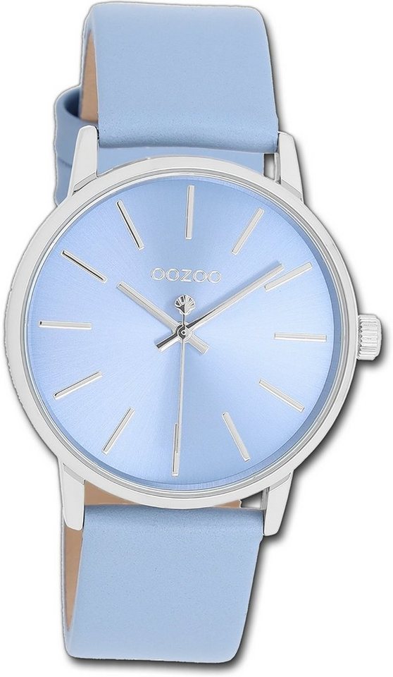 OOZOO Quarzuhr Oozoo Damen Armbanduhr Timepieces, Damenuhr Lederarmband  hellblau, rundes Gehäuse, mittel (ca. 36mm)