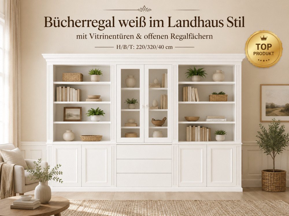 Wohnpalast Bücherregal Bücherregal Hamburg 320 cm mit Glastüren weiss