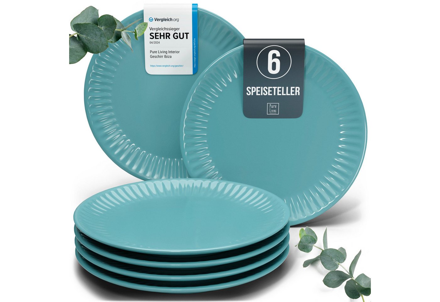 PURE LIVING INTERIOR DESIGN Geschirr-Set Hygge Speisseteller, Dinnerteller, 6er-Set, 26 cm, Grün (6-tlg), 6 Personen, Steingut