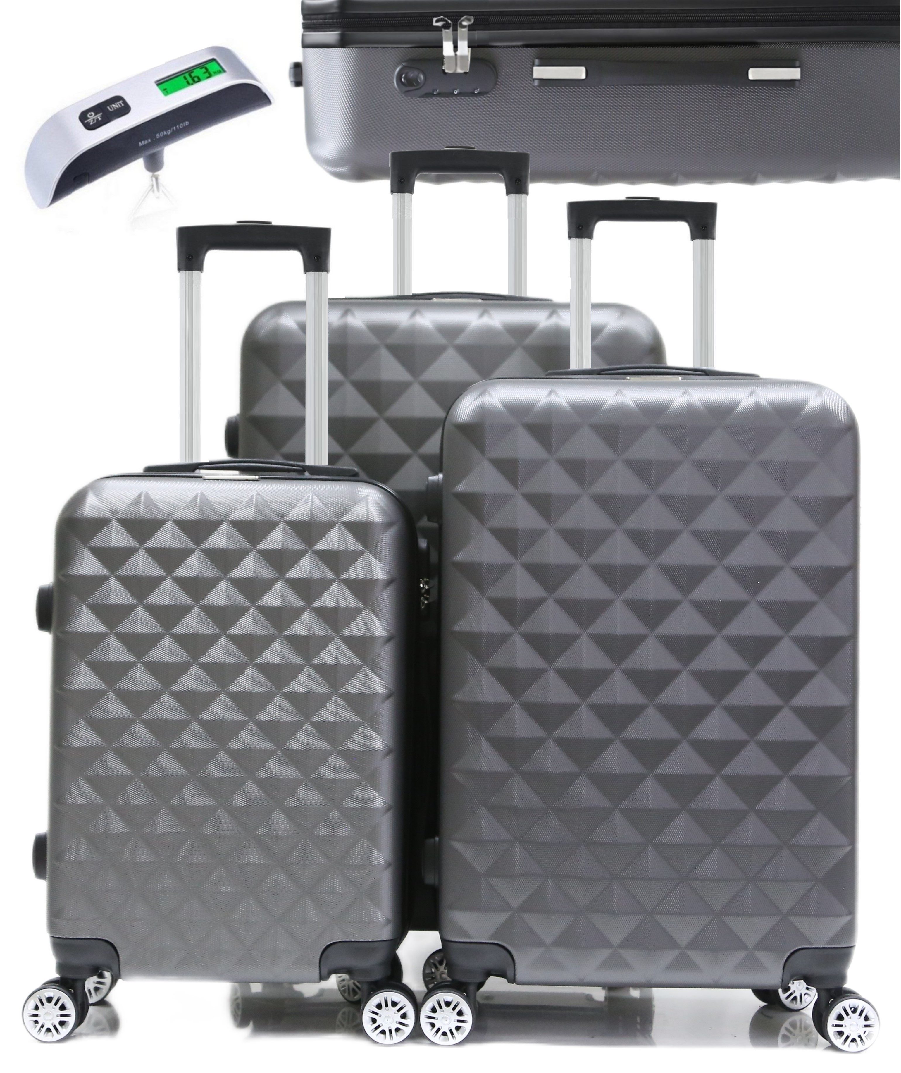 KESSMANN Kofferset 3 teilig Hartschalenkofferset M L XL Koffer + Digitale Kofferwaage, 4 Rollen, (Reisekofferset, 4 tlg., Schloss Teleskopgriff Gepäck Urlaub Zubehör Reise Hartschale Trolley), Reisetasche Kofferset groß mittel klein Handgepäck Gepäck Rollkoffer