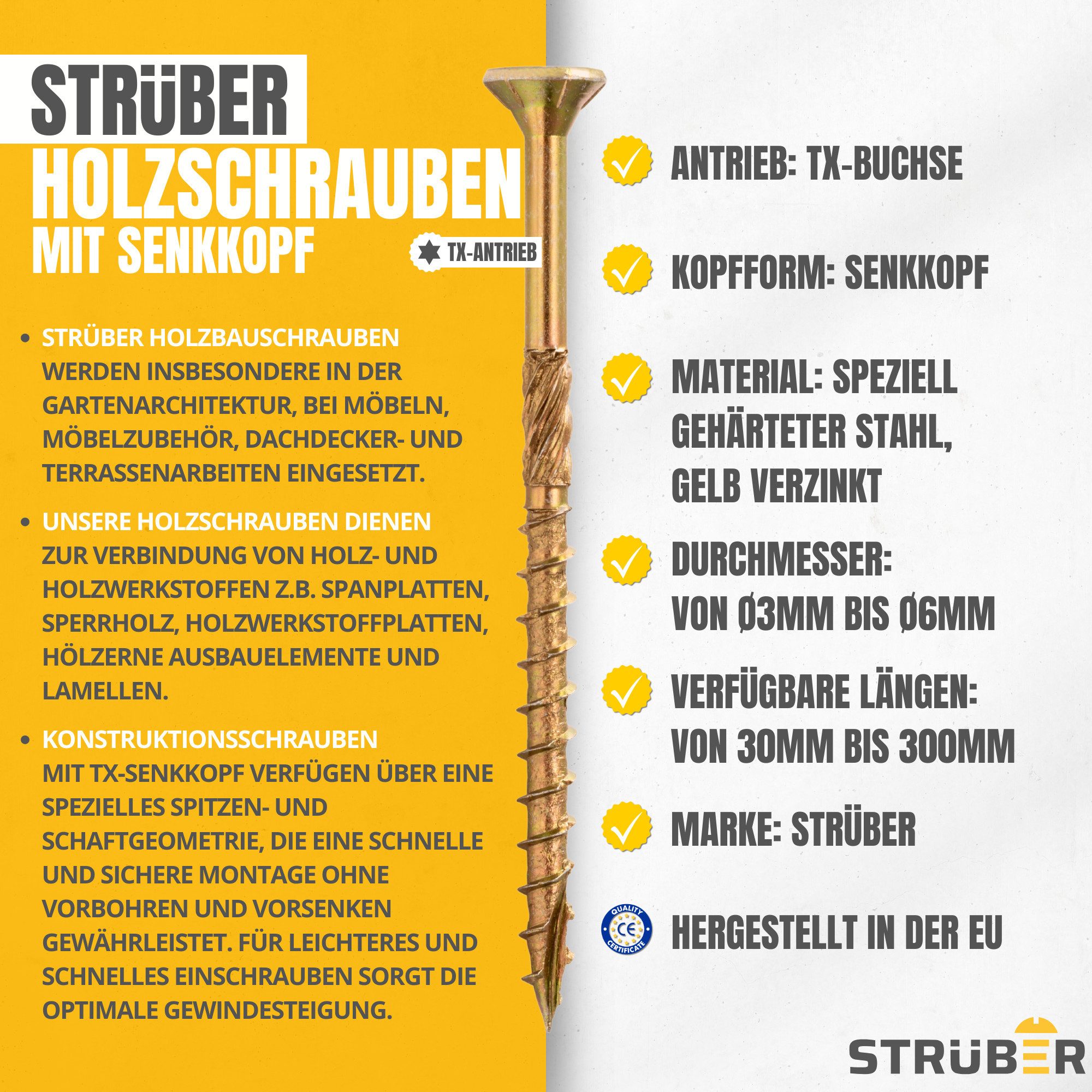 STRÜBER Holzbauschraube Spanplattenschrauben mit Senkkopf und TX-Antrieb