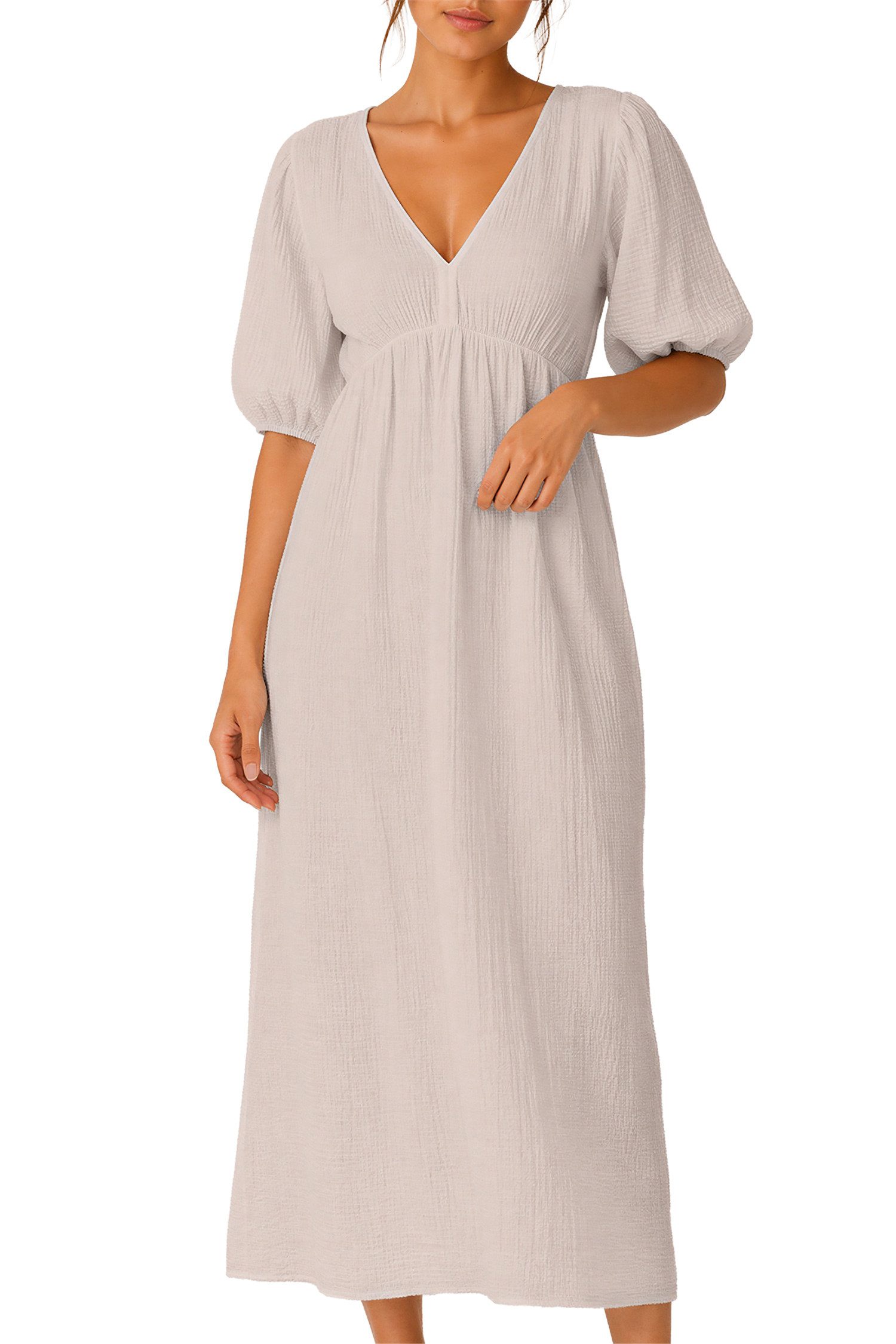 Reichstadt Sommerkleid Damen Relaxed Fit Dress Musselin 25RSW077 Feminine Puffärmel und Rückenschleife