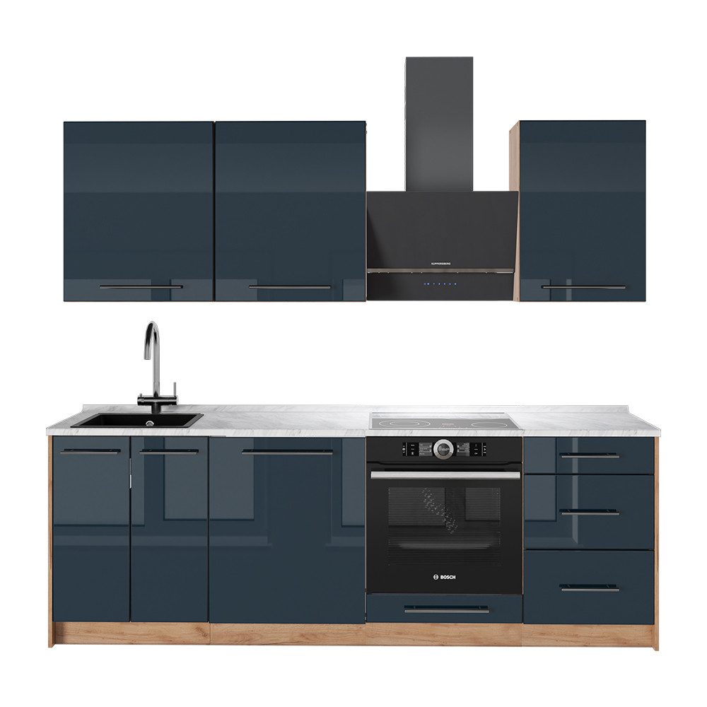 Vicco Küchenzeile Fame-Line, Dunkelblau Hochglanz/Goldkraft Eiche, 230 cm, AP Marmor