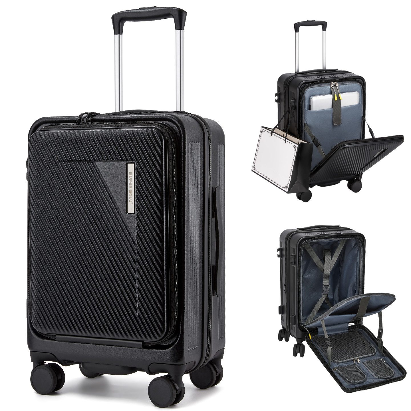 Super Solu Hartschalen-Trolley 20 Zoll Polycarbonat Erweiterbarer Hartschalenkoffer mit Frontöffnung, 4 Rollen, 360° drehbar, Reisekoffer mit Dehnfalte und TSA-Schloss, Schwarz