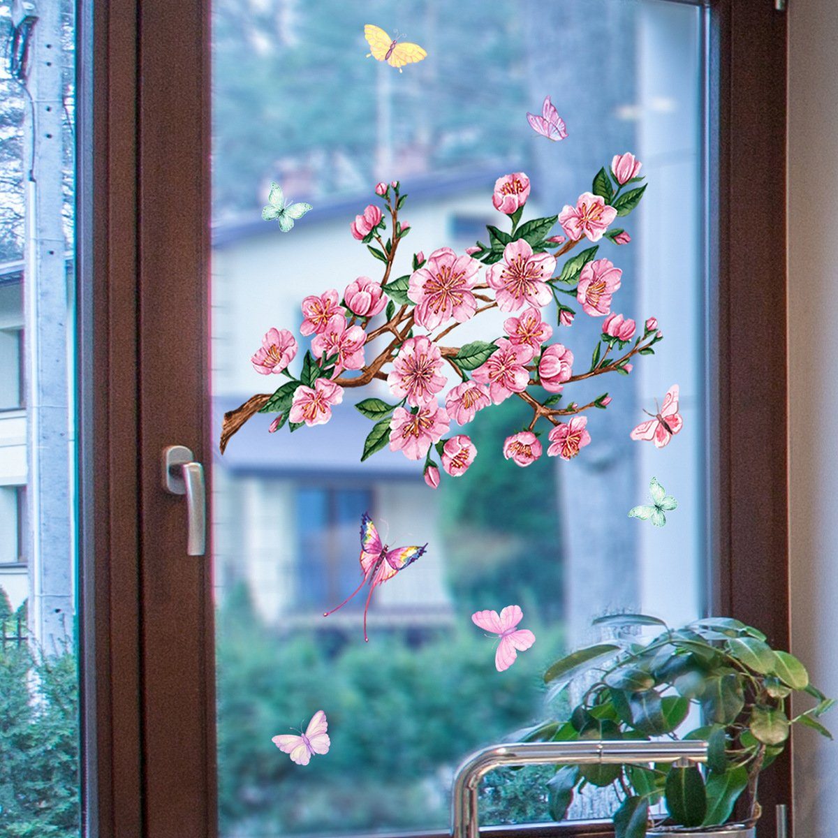 Zweig-Pfirsichblüten-Schmetterlings-Fensteraufkleber, Aatrx Fenstersticker