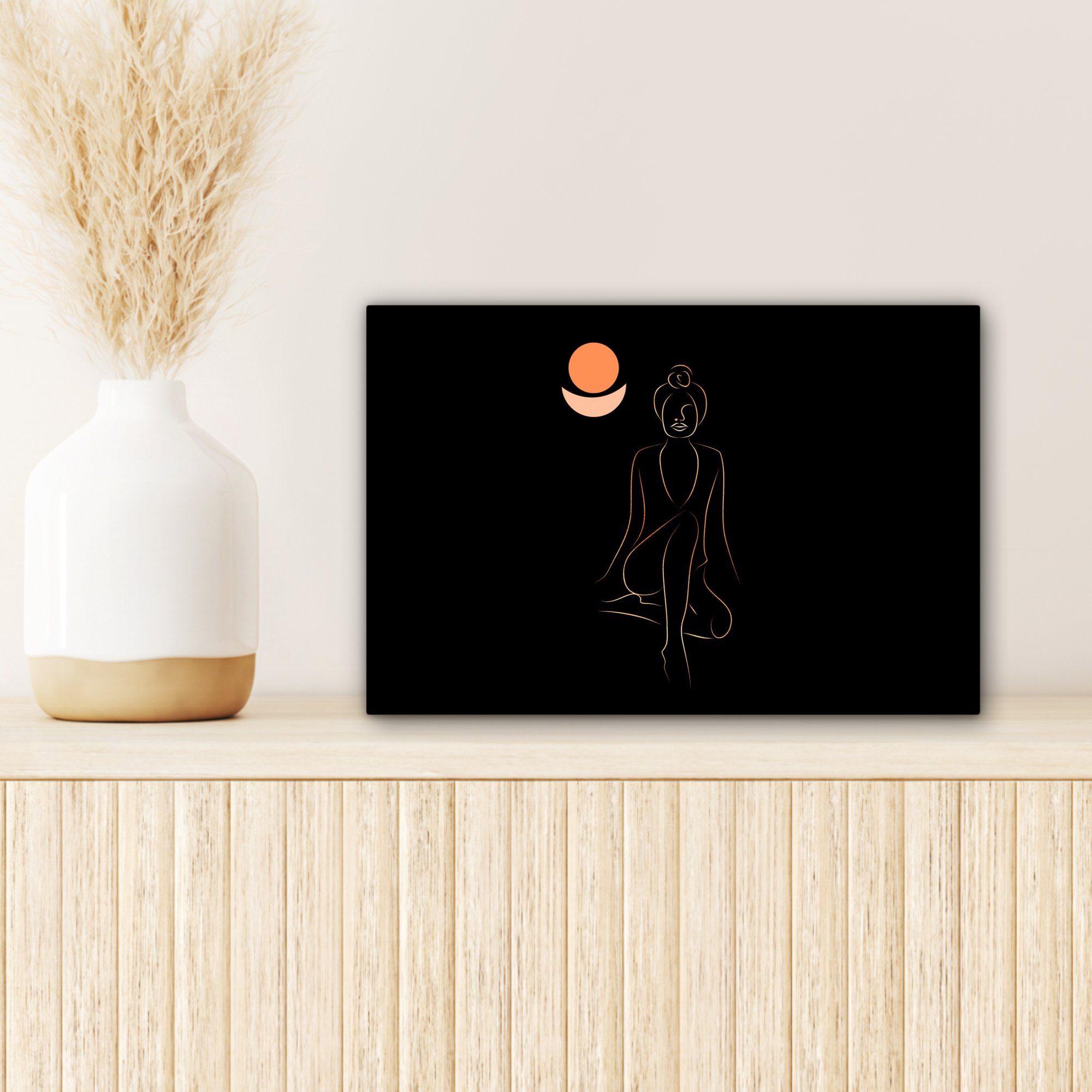 OneMillionCanvasses® Leinwandbild Frau - Linienkunst Leinwandbilder, - St), Meditation, 30x20 Wanddeko, (1 Aufhängefertig, - cm Gold Wandbild