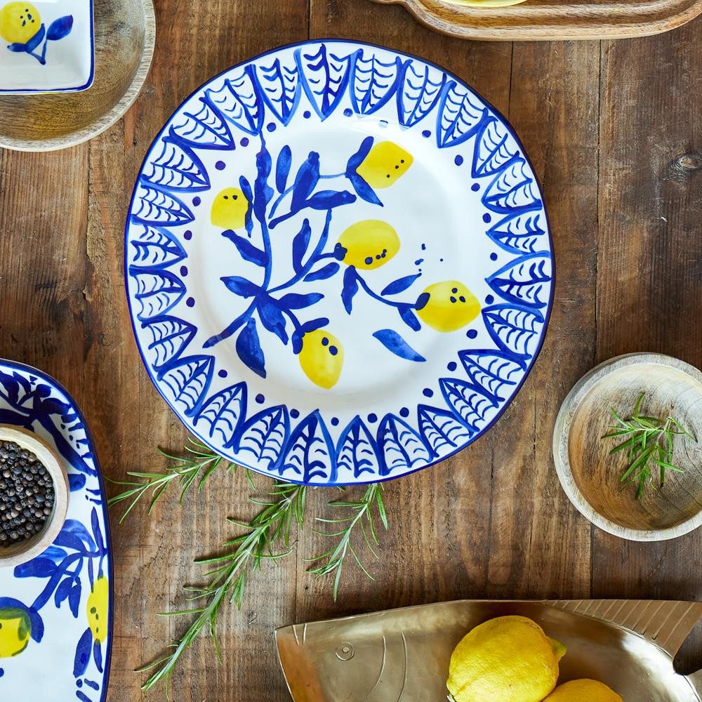 Bloomingville Speiseteller Maxima Teller, Blue, Steingut, Keramikteller, Handdekoriert, Mediterran, Farbenfroh, Gelbtöne, Unikat