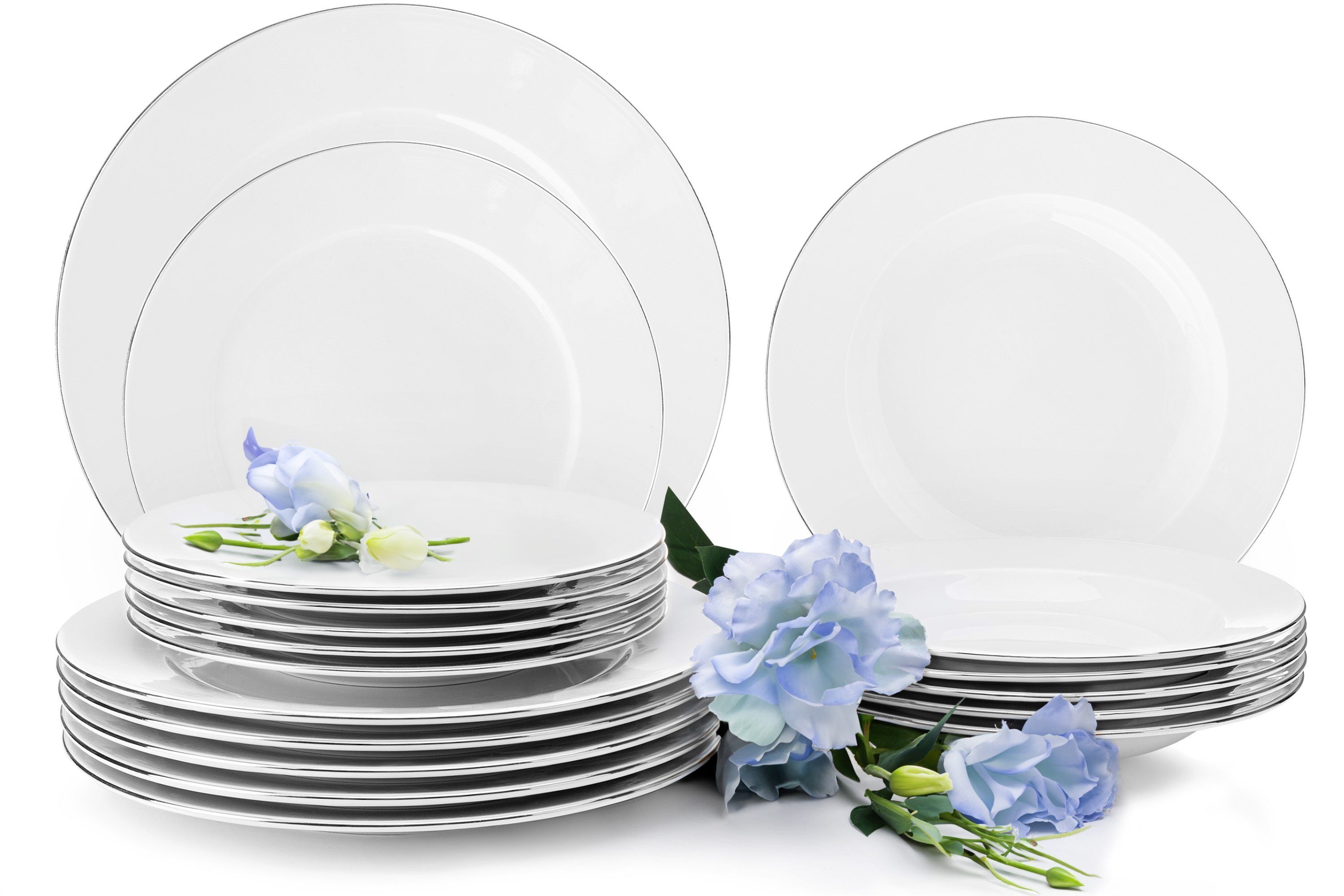 KONSIMO® Tafelservice MUSCARI Speiseteller Dessertteller Suppenteller (18-tlg), 6 Personen, Porzellan, Handwäsche, Rund