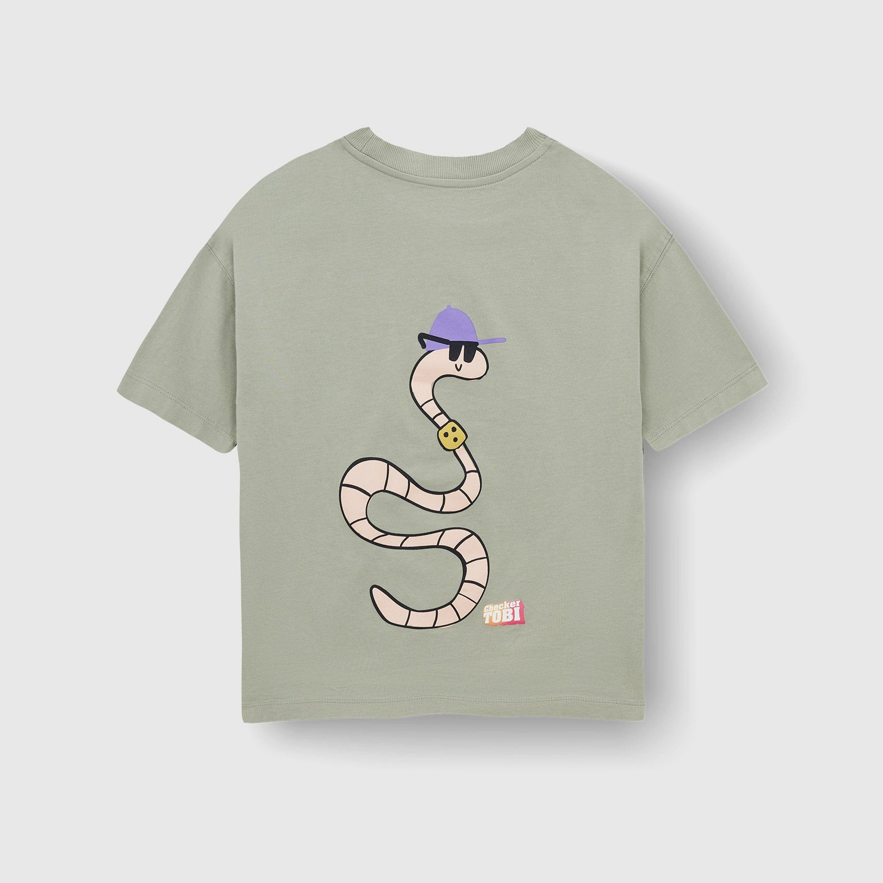 PlayPlayPauly T-Shirt CHECKER TOBI Regenwurm Unisex Kinder T-Shirt aus Bio-Baumwolle Kindershirt mit Checker-Tobi-Regenwurm- und Kaktus-Print