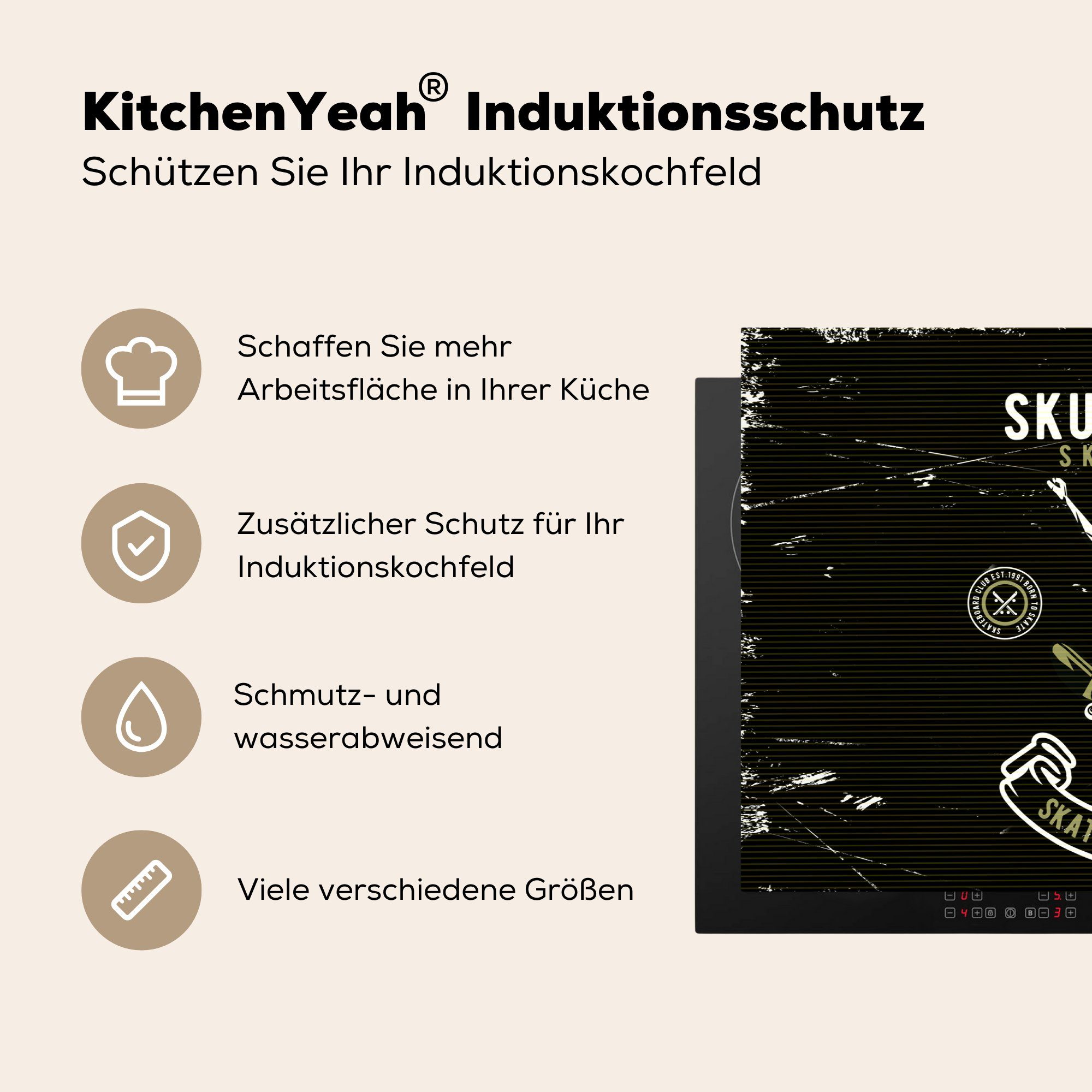 cm, Induktionskochfeld Retro, Skelett 81x52 (1 Vinyl, die tlg), Schutz - - küche, Herdblende-/Abdeckplatte für MuchoWow Skateboard Ceranfeldabdeckung