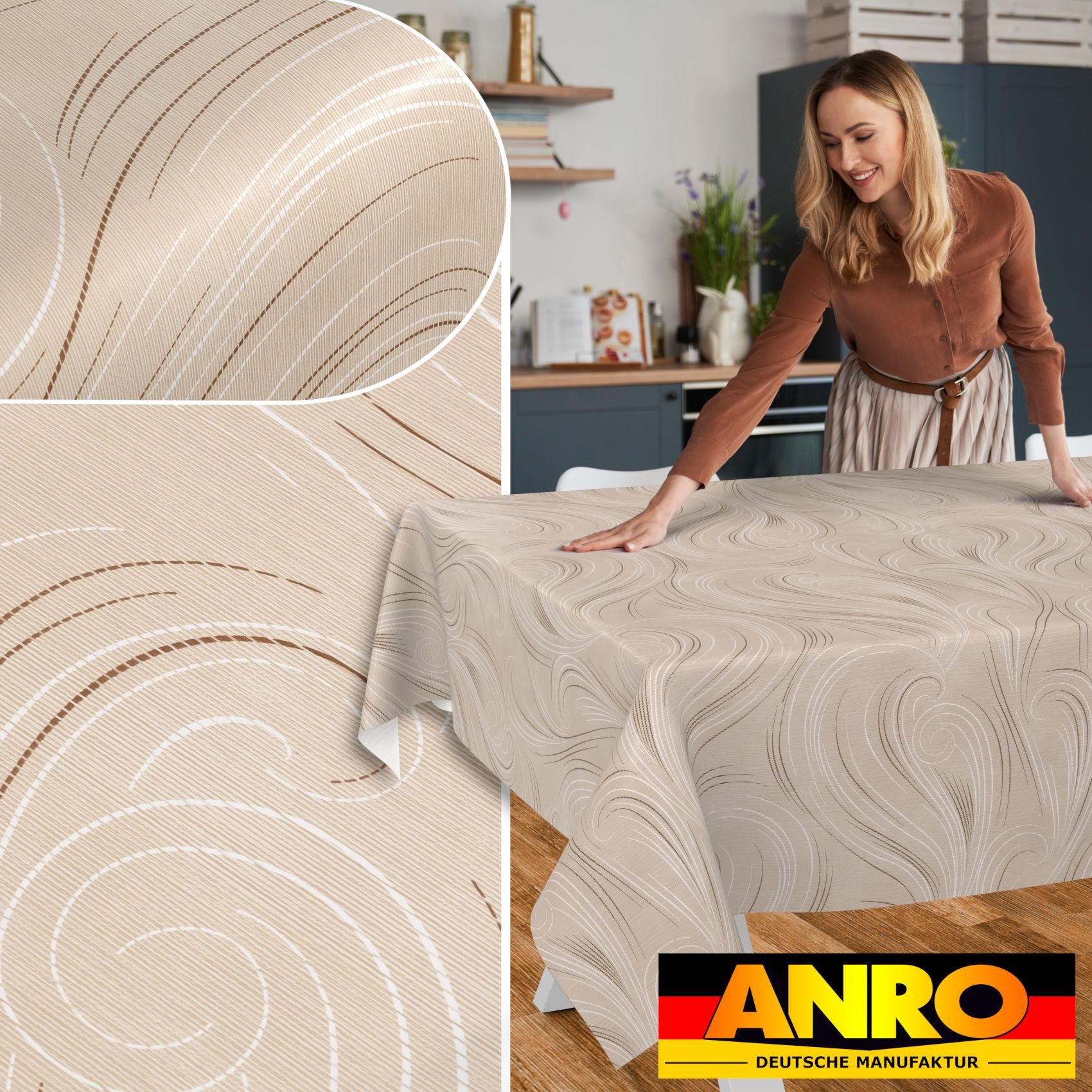 ANRO Tischdecke Wachstuch abwaschbar Abstrakt Tischwäsche (Einzelstück 1-tlg), wasserabweisend pflegeleicht Organisch Beige 100x140cm – Bild 5 von 5