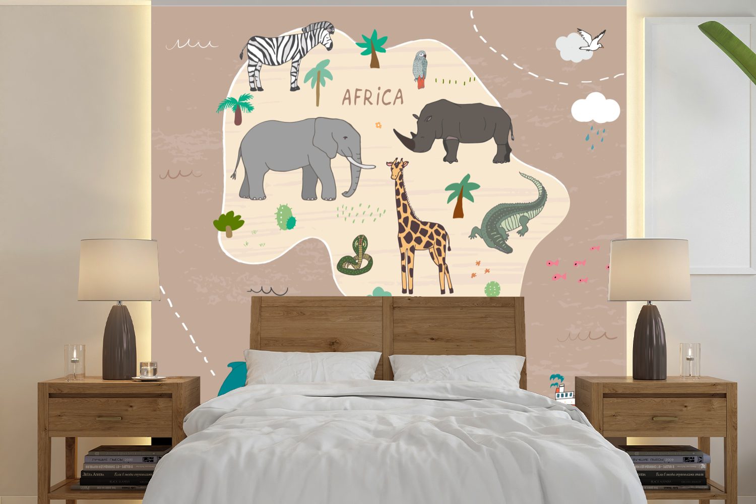MuchoWow Fototapete Tiere - Weltkarte - Kinder - Afrika - Jungen - Mädchen, Matt, bedruckt, (5 St), Vinyl Tapete für Wohnzimmer oder Schlafzimmer, Wandtapete