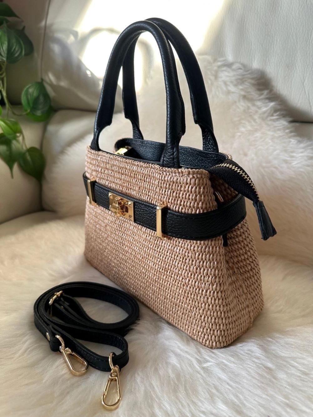 Goodman Design Schultertasche Italienische Handtasche aus Echtleder und Raffia, Mit hochwertiger Verschluss für stilvolle Sicherheit – Bild 2 von 5