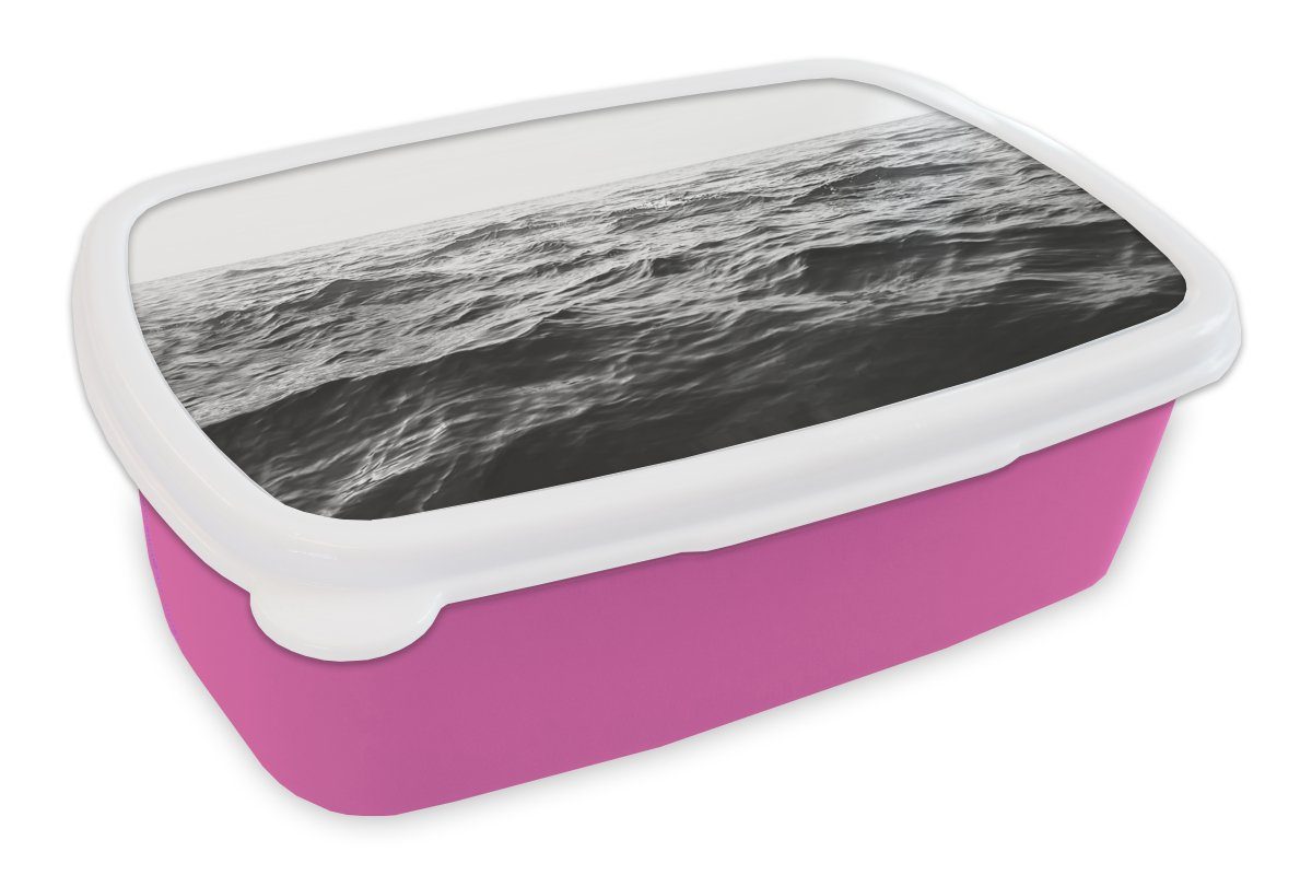 MuchoWow Lunchbox Meer - Wasser - Natur - Schwarz und weiß, Kunststoff, (2-tlg), Brotbox für Erwachsene, Brotdose Kinder, Snackbox, Mädchen, Kunststoff rosa