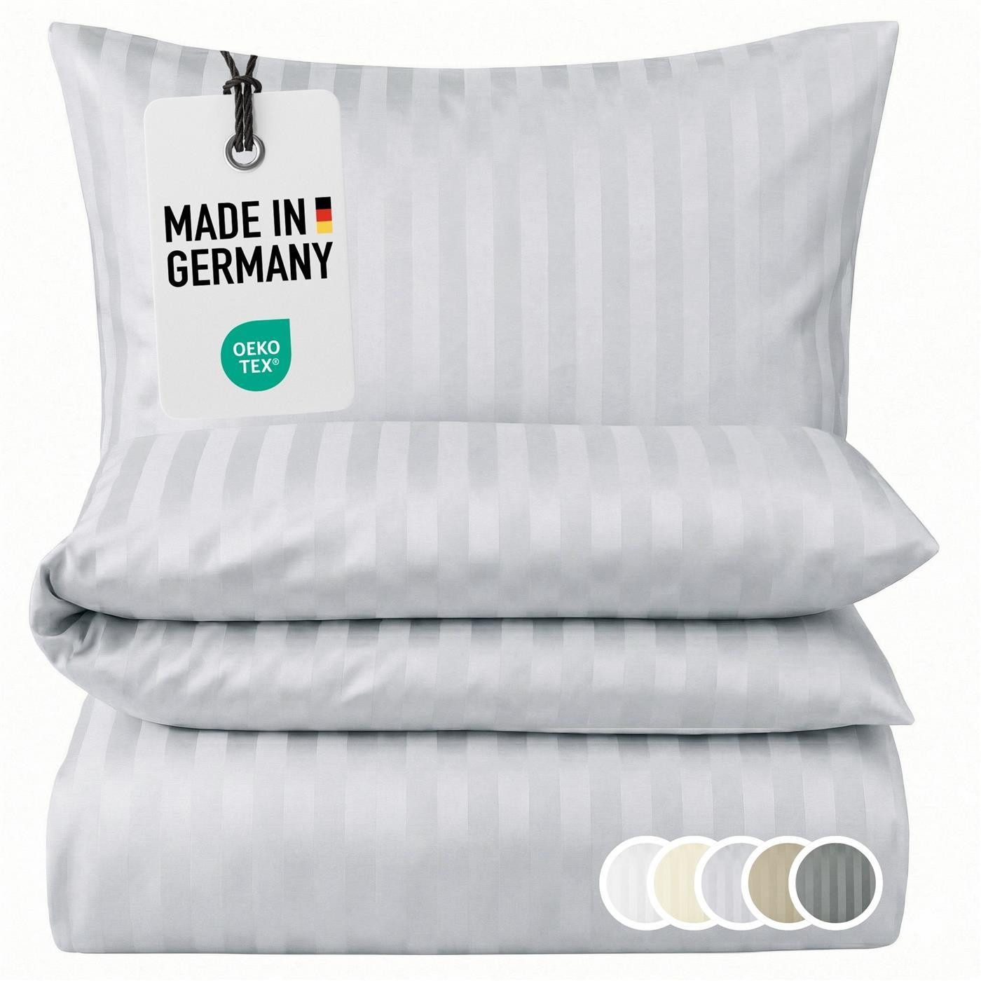 Carpe Sonno Bettwäsche Damast 135x200 155x220 Hochwertige Hotel Baumwoll Bettwäsche gestreift, Damast, 2 teilig, Bettwaren Set 135 x 200 Bettbezug mit Reißverschluss - Silber