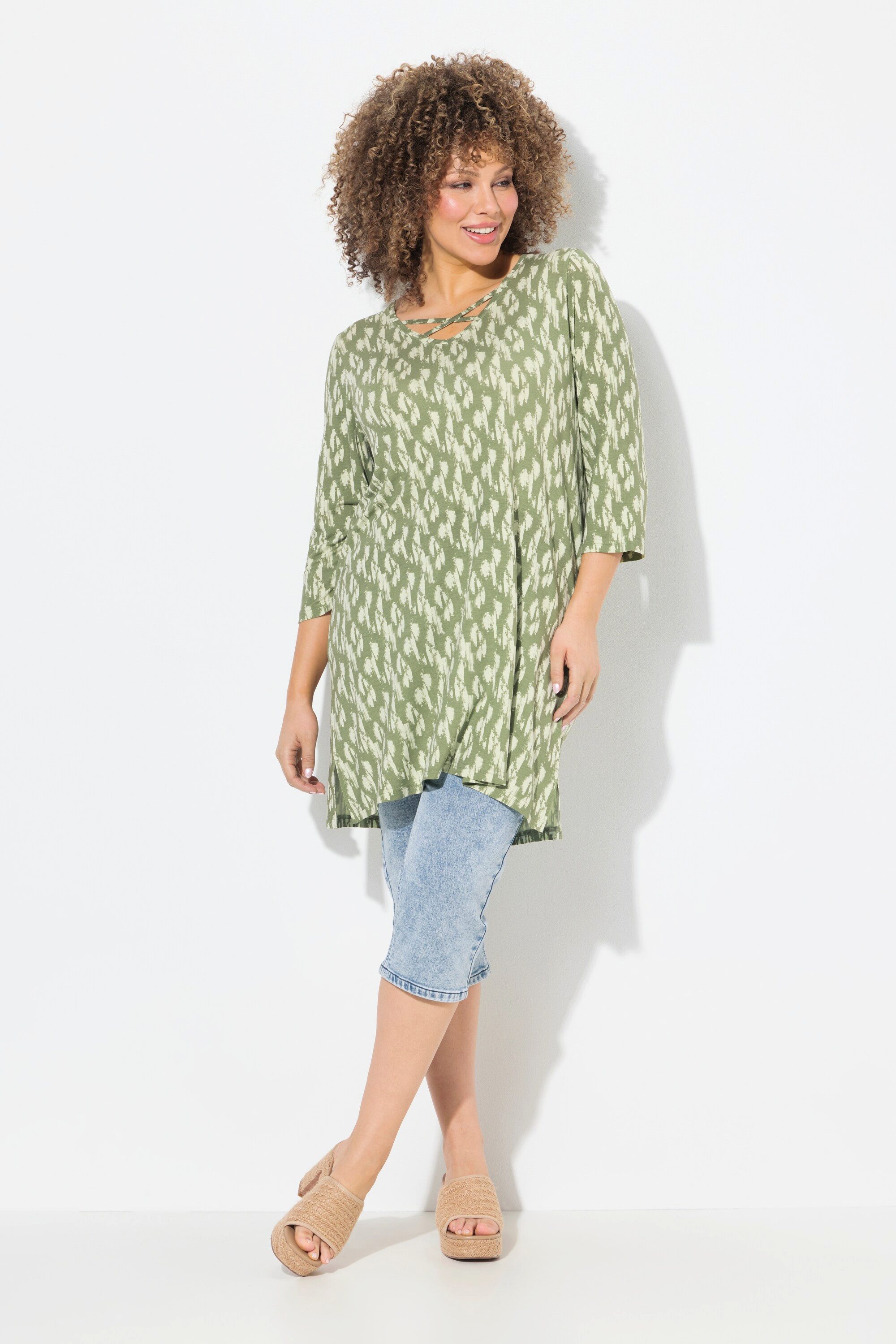 Ulla Popken Longshirt Longshirt A-Linie Zierbänder V-Ausschnitt 3/4-Arm günstig online kaufen