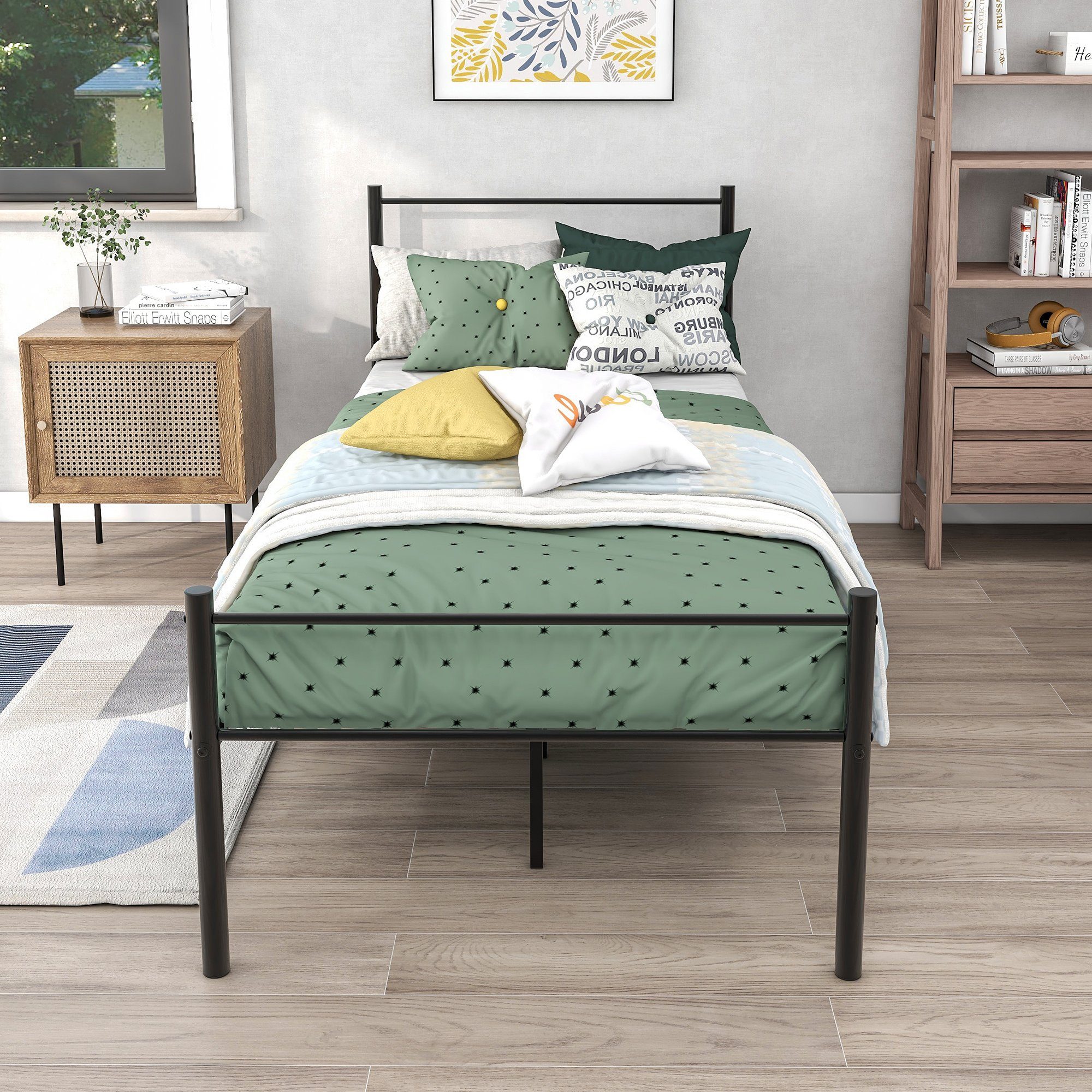 Metallbett (Gästebett Jugendbett), Einzelbett mit Lattenrost für Schlafzimmer Gästezimmer Bett 90x200 cm