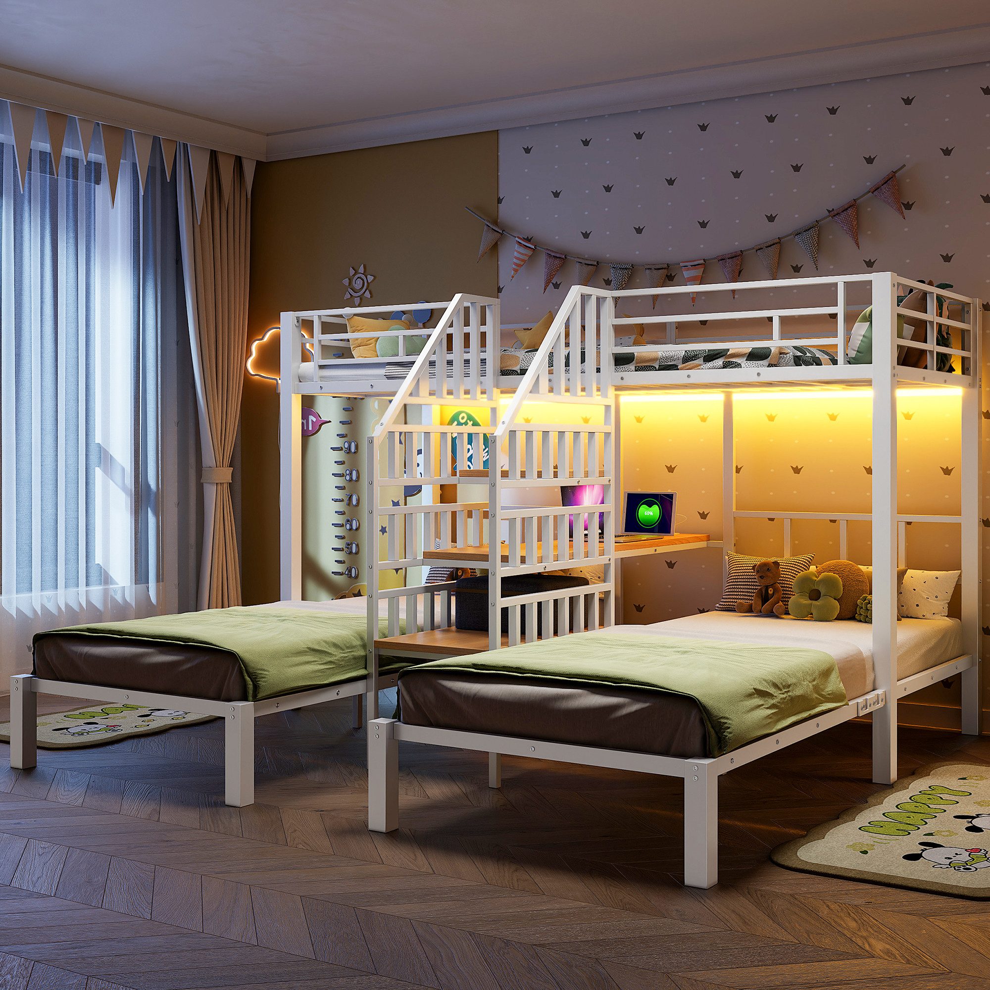 MODFU Etagenbett aus Eisen mit drei Liegeplätzen (Kinderbett,Integrierte Le günstig online kaufen