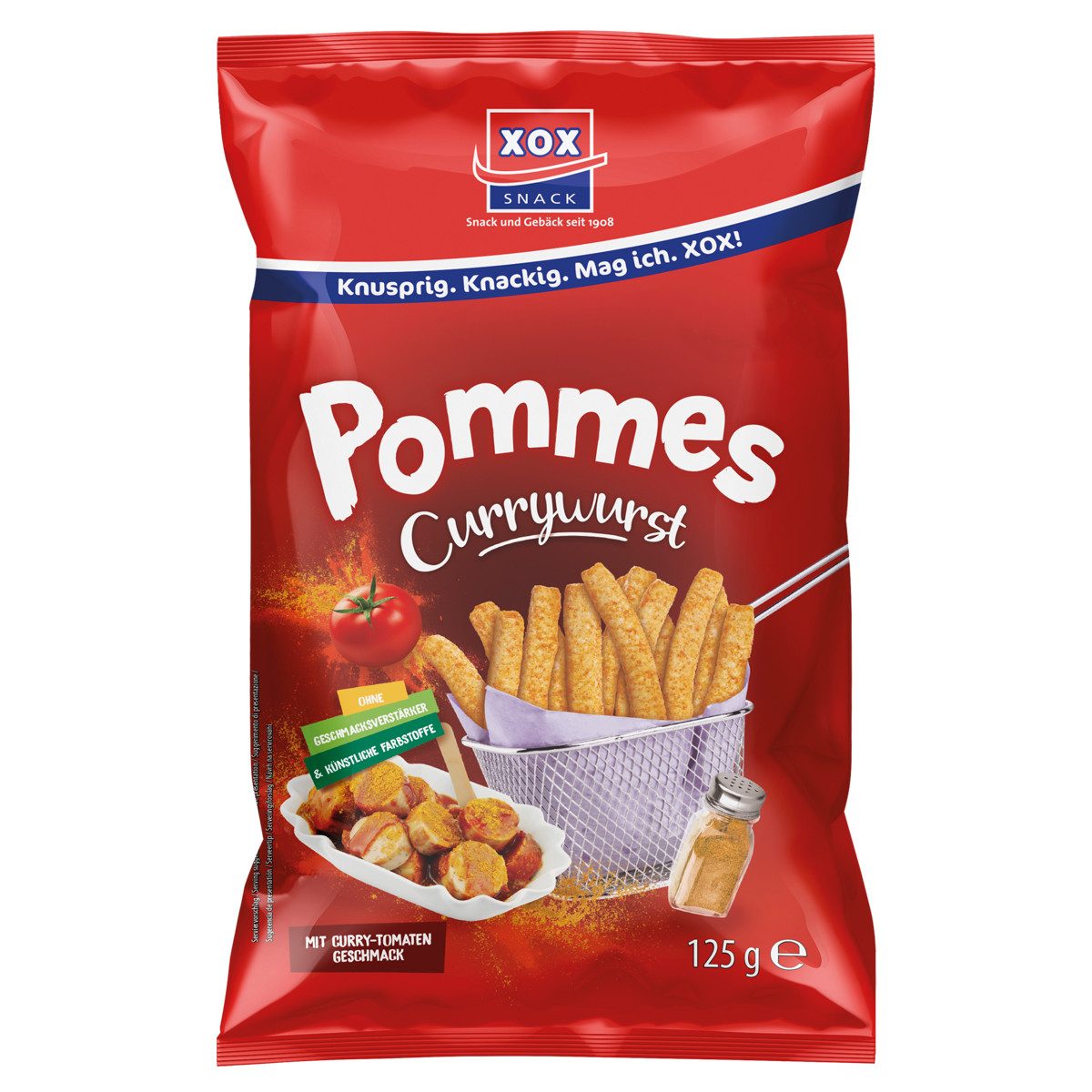 XOX Knabberei, XOX Pommes Snack Currywurst knusprig herzhaft mit Currynote 125g