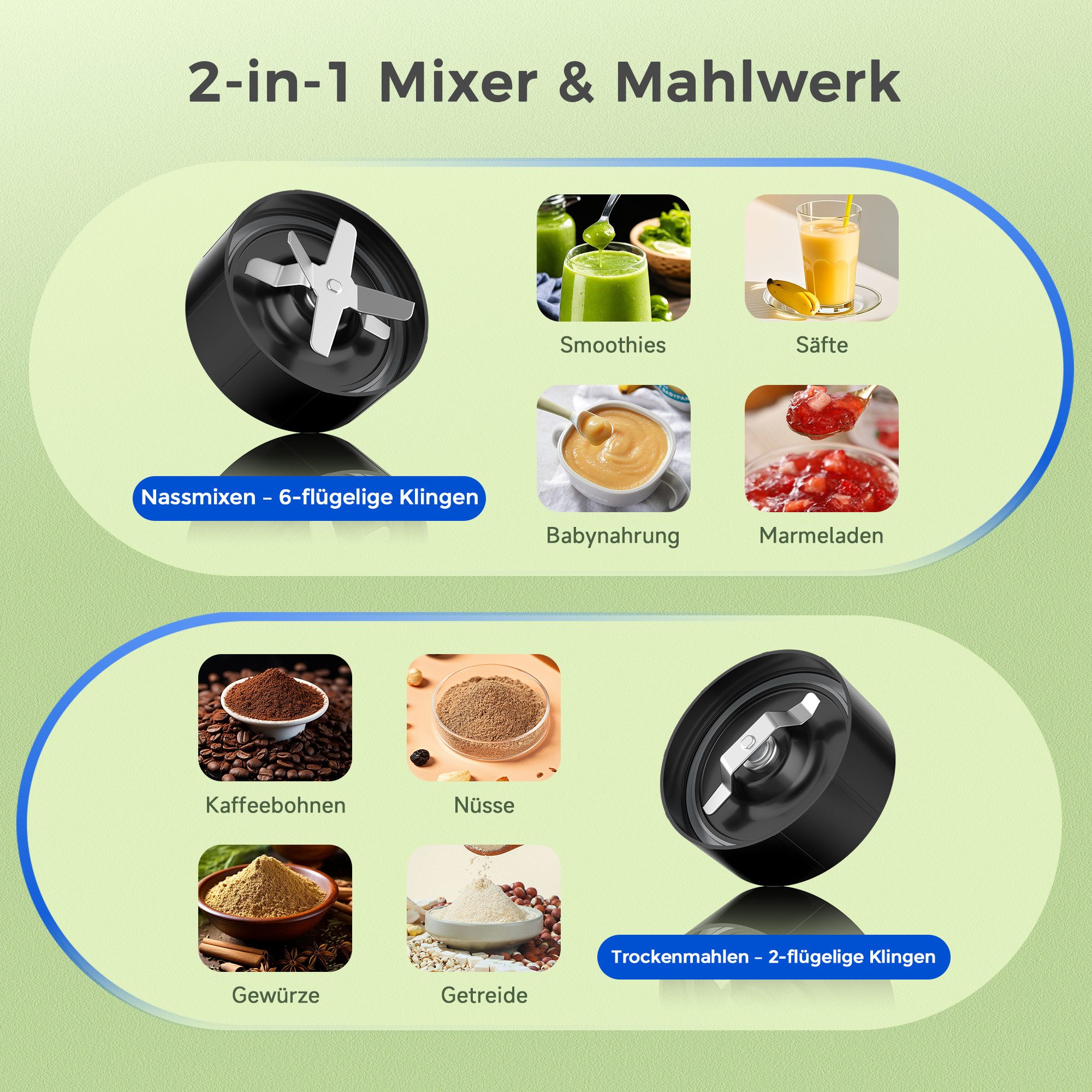 Teendow Standmixer BL916AB 3 in 1 Smoothie mixer, 1200W hochleistungsmixer, standmixer, 1200 W, 1.1L, 6 Klingen, Leicht zu tragen, Sicher, rutschfest