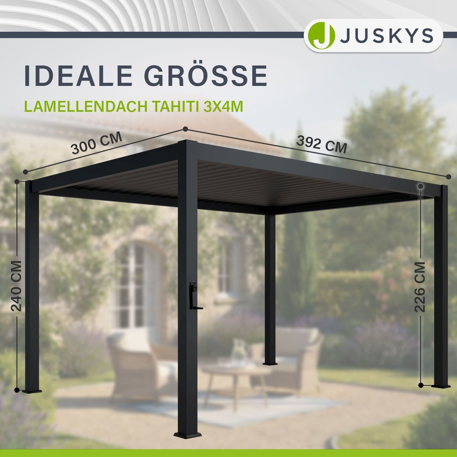 Juskys Terrassendach Tahiti, BxT: 300x400 cm, Lamellendach, Pergola für Garten, inkl. Seitenwand 4m – Bild 4 von 5
