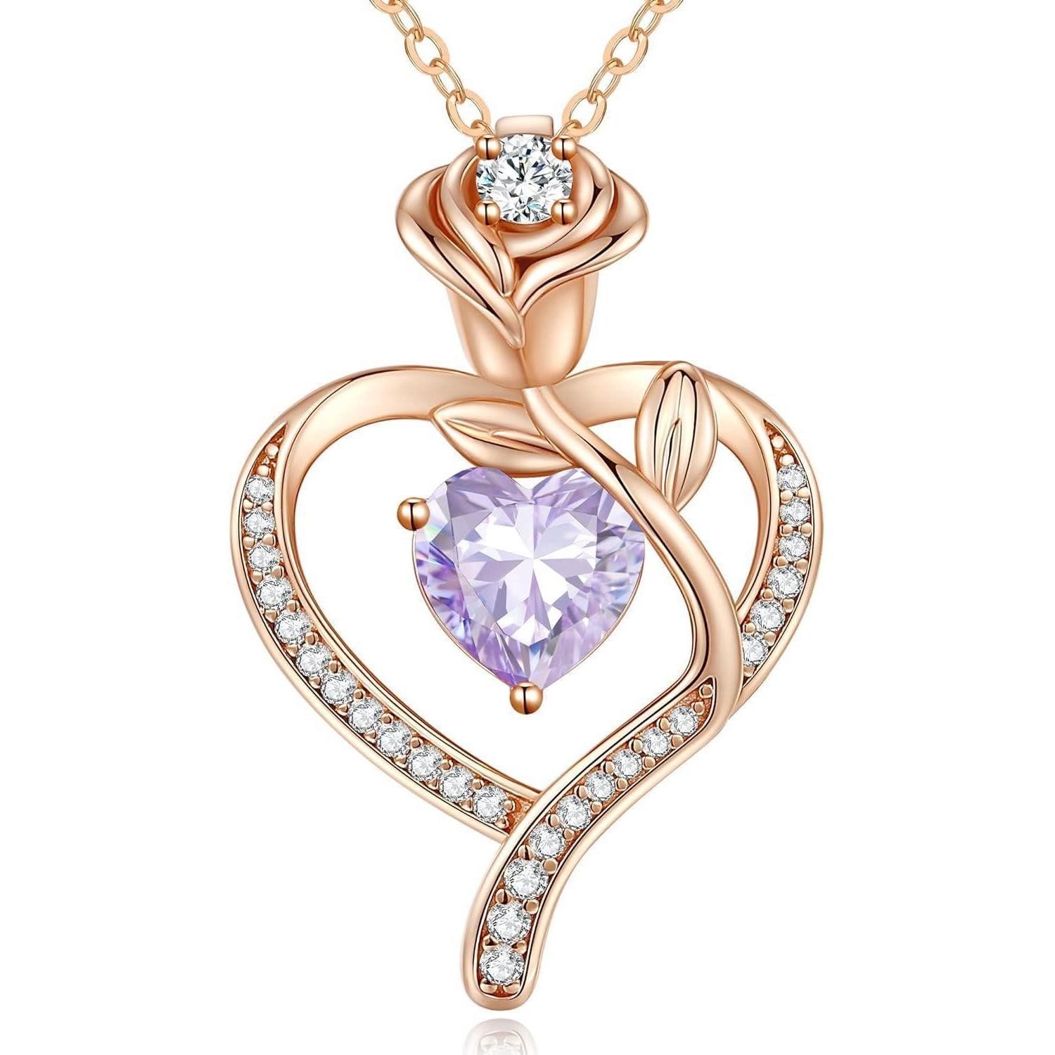Kette mit Anhänger Halskette Damen Herz Geburtsstein Rosegold Silber Rosegold-06