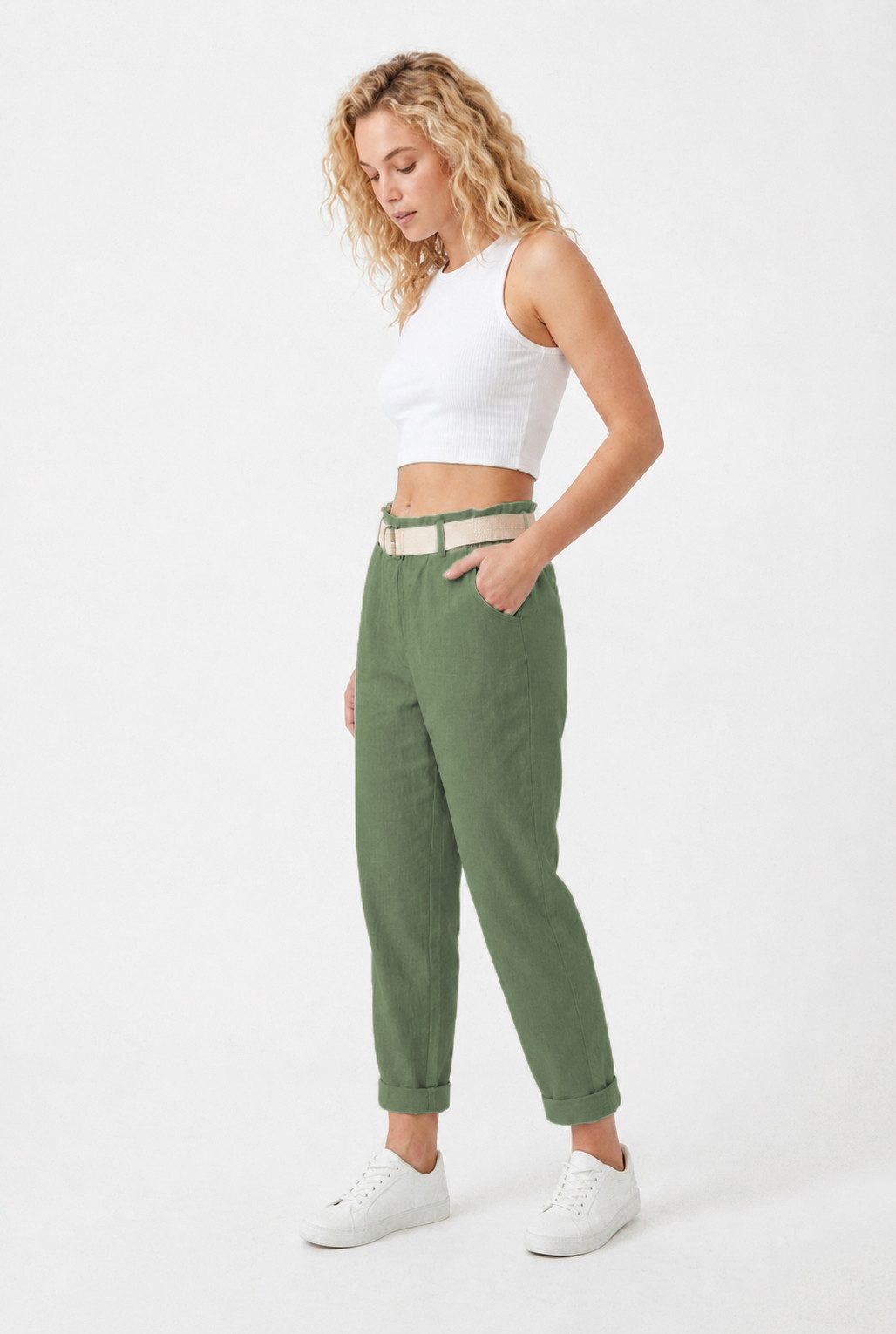 Kendindza Collection Stretch-Hose Damen Chino Hose Stretch mit Gürtel Stoffhose Damen elegant Loose Fit Weiches Material - Loose Fit - weiter geschnitten - Gürt – Bild 4 von 5